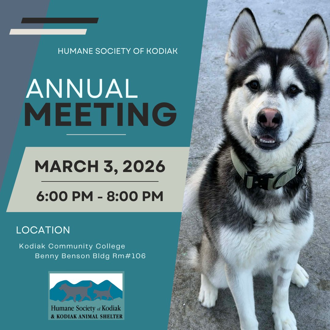 Join us March 3rd at Kodiak Community College, RM #106 in the Benny Benson Building, for our Annual Membership meeting. We will recap a very busy year and discuss what's yet to come! Refreshments will be provided. For any questions please contact us at humanesocietyofkodiak@gmail.com