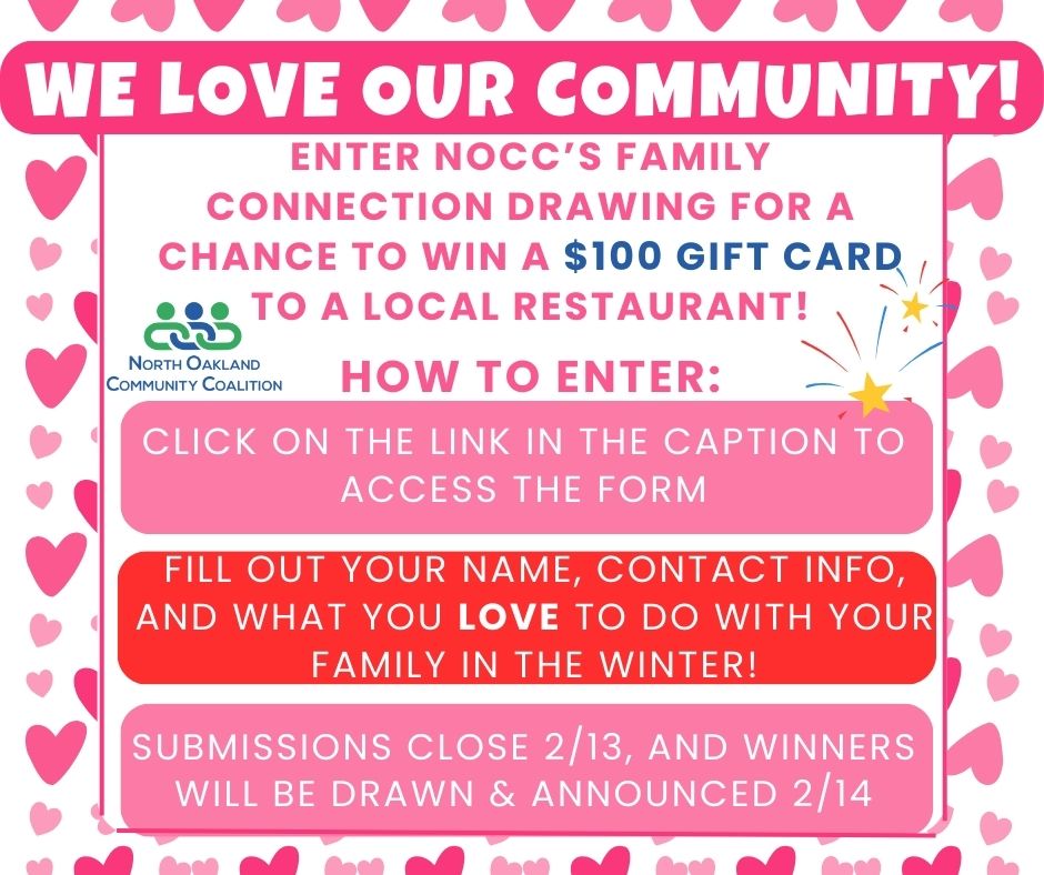 Quick reminder! 👋
NOCC's Family Connection Drawing is open until noon on February 13! Haven't entered yet? You still have a chance to WIN a $100 gift card to a local restaurant! Fill out the form below and tell us what you and your family LOVE doing in the winter, and find out THIS WEEK if you're the lucky winner!
Click here to enter: https://forms.office.com/r/iBBrLLWW12
Orion Township, Michigan
Charter Township of Oxford
Supervisor Chris Barnett
Lake Orion Community Schools
Oxford Community Schools
Orion Township Public Library
@oxfordpubliclibrarymi
