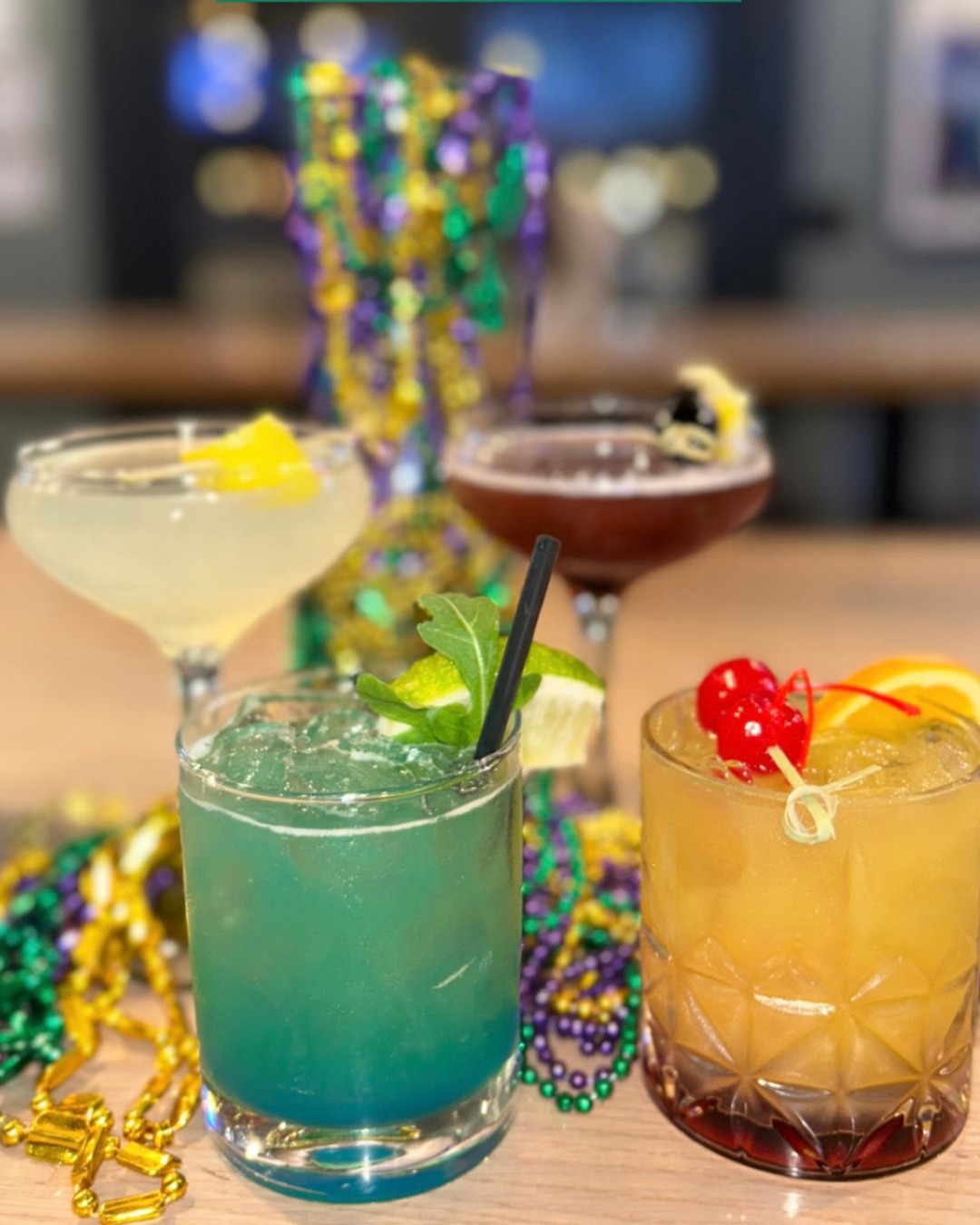 Mardi Gras Specialty Drinks, all month long in February!! Sip on a French 75, Louisiana Hurricane, Mai Tai, or Cherry Sazerac with Leatherface⛓️🩸