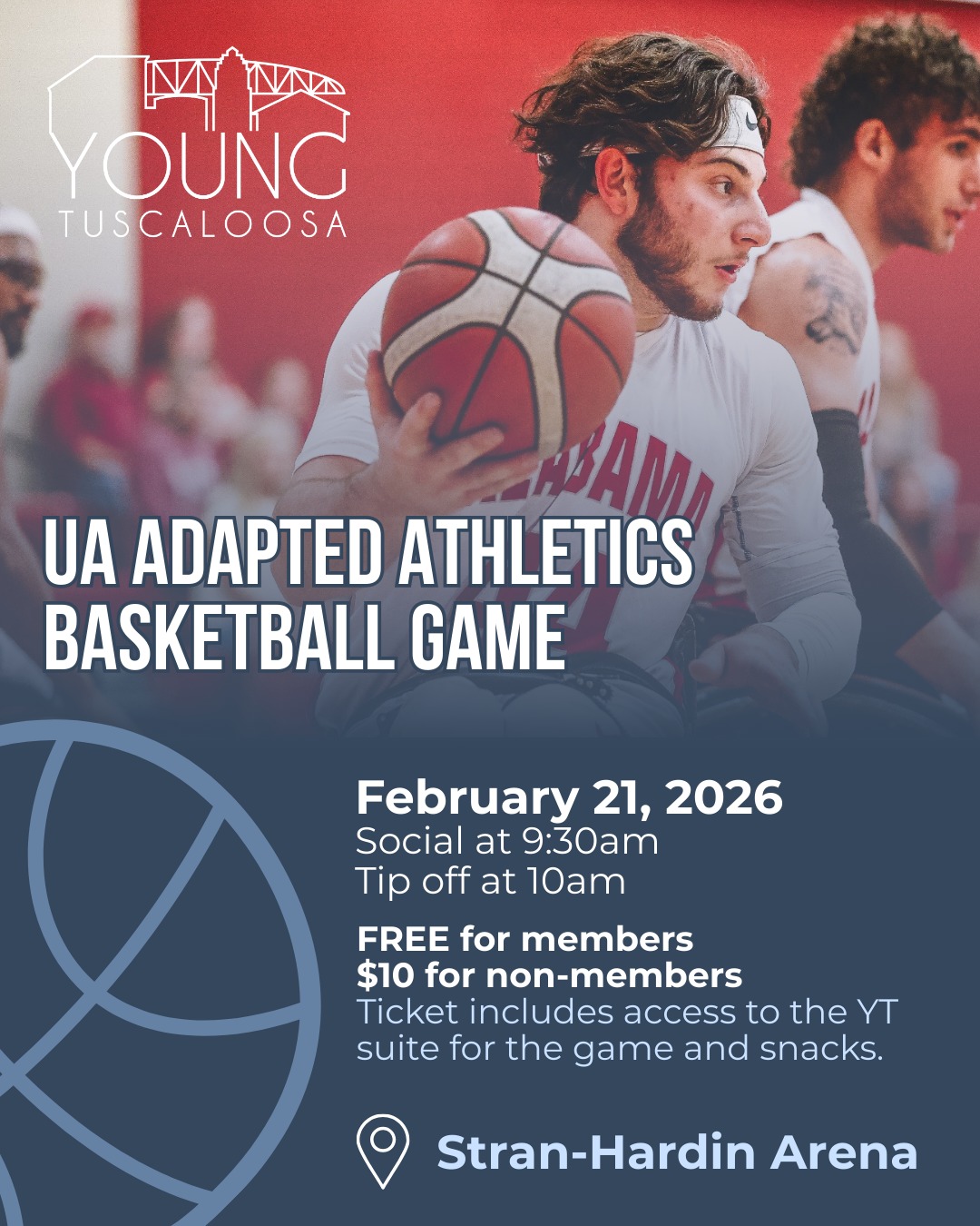Don't forget to get your tickets for the UA Adapted Athletics basketball game this Saturday, February 21! We're starting off with a social at 9:30am with tip off at 10am! 🏀
Young Tuscaloosa has secured a suite with limited space so grab your spot today. FREE for members, $10 for non-members. Get tickets at youngtuscaloosa.com!
#YoungTuscaloosa