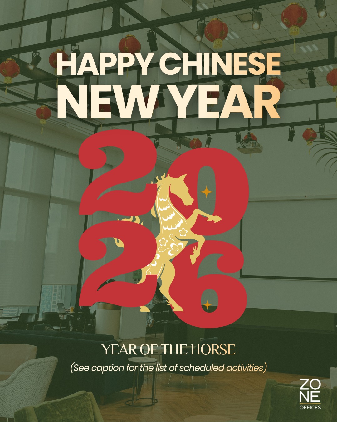 Kung Hei Fat Choi π
Hereβs what weβve got lined up for this month at Zone Offices:
1. Dragon Dance Performance
In celebration of the Lunar New Year we invite you to watch the Dragon Dance performance at Zone Offices.
β’ Date: 16 February 2026 (Monday)
β’ Time: 2:15 PM β 2:30 PM (15-minute performance)
β’ Location: 29th Floor, Event Space
We invite you to pause from the workday, gather your team, and experience this vibrant cultural moment with the community. We recommend arriving a few minutes early.
2. Fortune Cookie Privilege - 16 February only (Limited)
Enjoy a complimentary fortune cookie when you:
βοΈ Make any purchase at the Zone Cafe
βοΈLike and Follow Zone Offices on Facebook and @zoneofficesph on Instagram and present it at our Front Desk.
3. Valentine's Collection
Treat yourself to our Matcha Strawberry Latte & Red Velvet Cream Cheese Cookies available at Zone Cafe until February 27 only π
Wishing you a year filled with abundance, opportunities, and good fortune. We canβt wait to celebrate this festive moment with you!
#ChineseNewYear2026 #yearofthehorse #dragondance