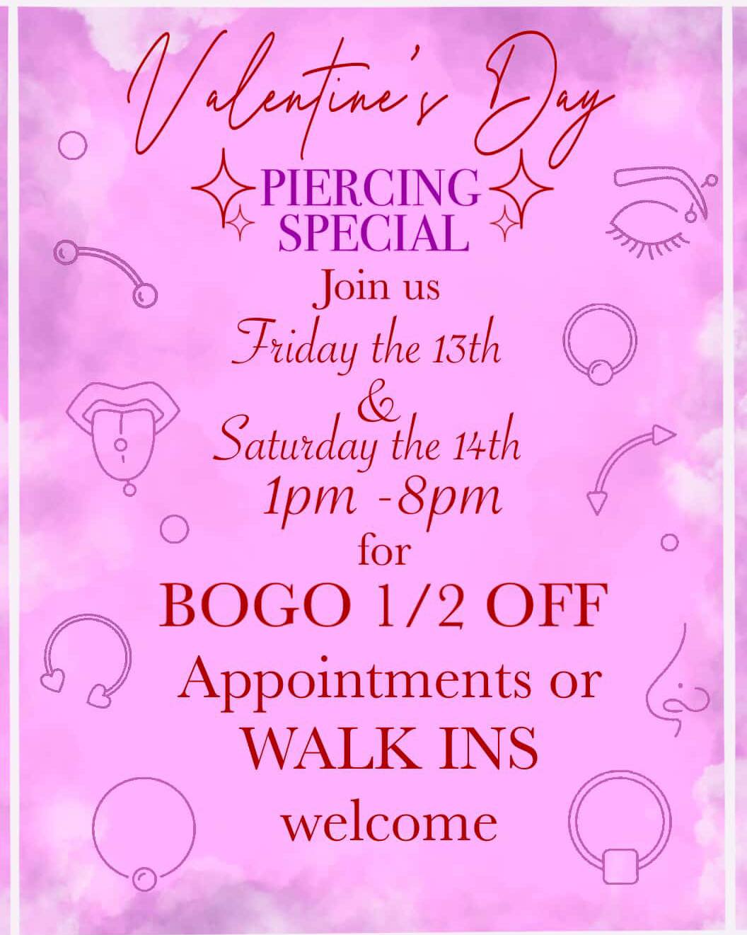 ❤️ Treat your bestie (or your other ear) this Valentine’s Day! ❤️
Black Ball Tattoo is spreading the love with a BOGO Piercing Sale! 💎 Starting on Friday the 13th into Valentine’s Day, buy one piercing and get the second one 50% OFF (of equal or lesser value). Whether you're looking for that matching look with your partner or just finishing off your curated ear, we’ve got you covered.
✨ The Details:
Valid on all standard piercings.
Discount applies to the lower-priced service.
Walk-ins welcome, but appointments are recommended!
Swing by the shop and let’s get poking! 💘
📍 Find us at: 3126 Jefferson Ave, Midland MI
📞 Book your spot: 989-835-6672
#BlackBallTattoo #ValentinesDay #PiercingSale #BOGO #BodyPiercing