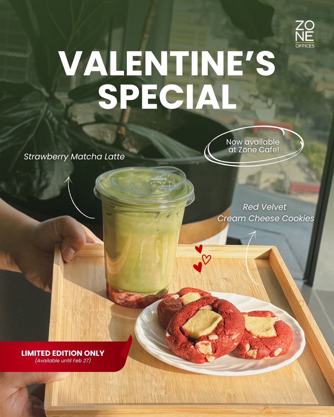 Our Valentineβs special menu is now available! π
Head over to Zone Cafe and treat yourself to something sweet this Valentineβs.
Available for a limited time only. Our cafe is open to the public, so come visit us today!
#ValentinesMenu #strawberrymatchalatte #redvelvetcookies #ZoneCafe #LimitedTimeOffer