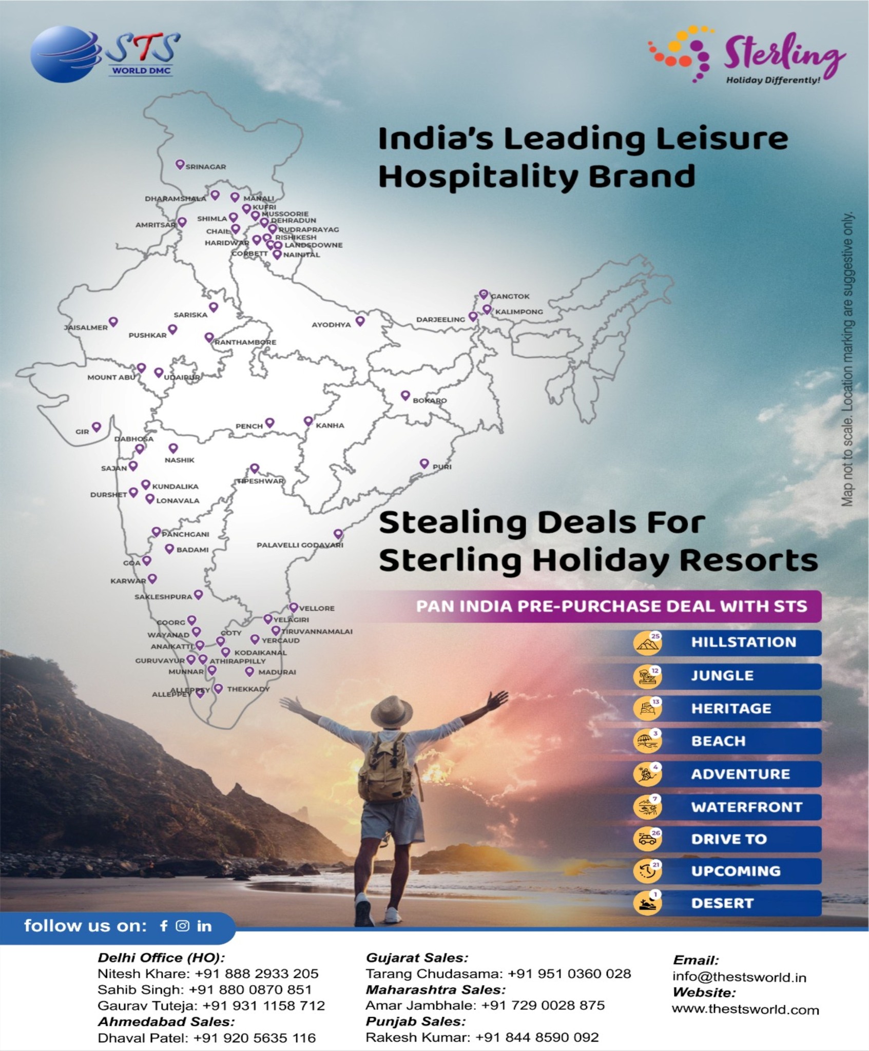 Unlock India’s most stunning getaways with STS World DMC & Sterling Holidays! 🌄✨
From hill stations to beaches, jungles to heritage spots, Sterling offers premier resorts across the country—perfect for every kind of traveler. Don’t miss exclusive pre-purchase deals that let you experience adventure, culture, and relaxation in one seamless holiday.
Plan your escape today:
🌐 www.thestsworld.com
📧 info@thestsworld.in
.
--CALL NOW!--
Delhi Office (HO):
Nitesh Khare: +91 888 2933 205
Gaurav Tuteja: +91 931 1158 712
Sahib Singh - +91 880 0870 851
Maharashtra sales:
Amar Jambhale: +91 7290028875
Vishad Keer: +91 729 0032 959
Gujarat Sales:
Tarang Chudasama: +91 951 0360 028
Ahmedabad Sales:
Dhaval Patel: +91 920 5636 116
Punjab Sales:
Rakesh Kumar: +91 8#TravelDeals
#SterlingResorts #STSWorld #TravelIndia #LeisureHoliday #BeachResort #Hillstation #AdventureTravel #SterlingExperience