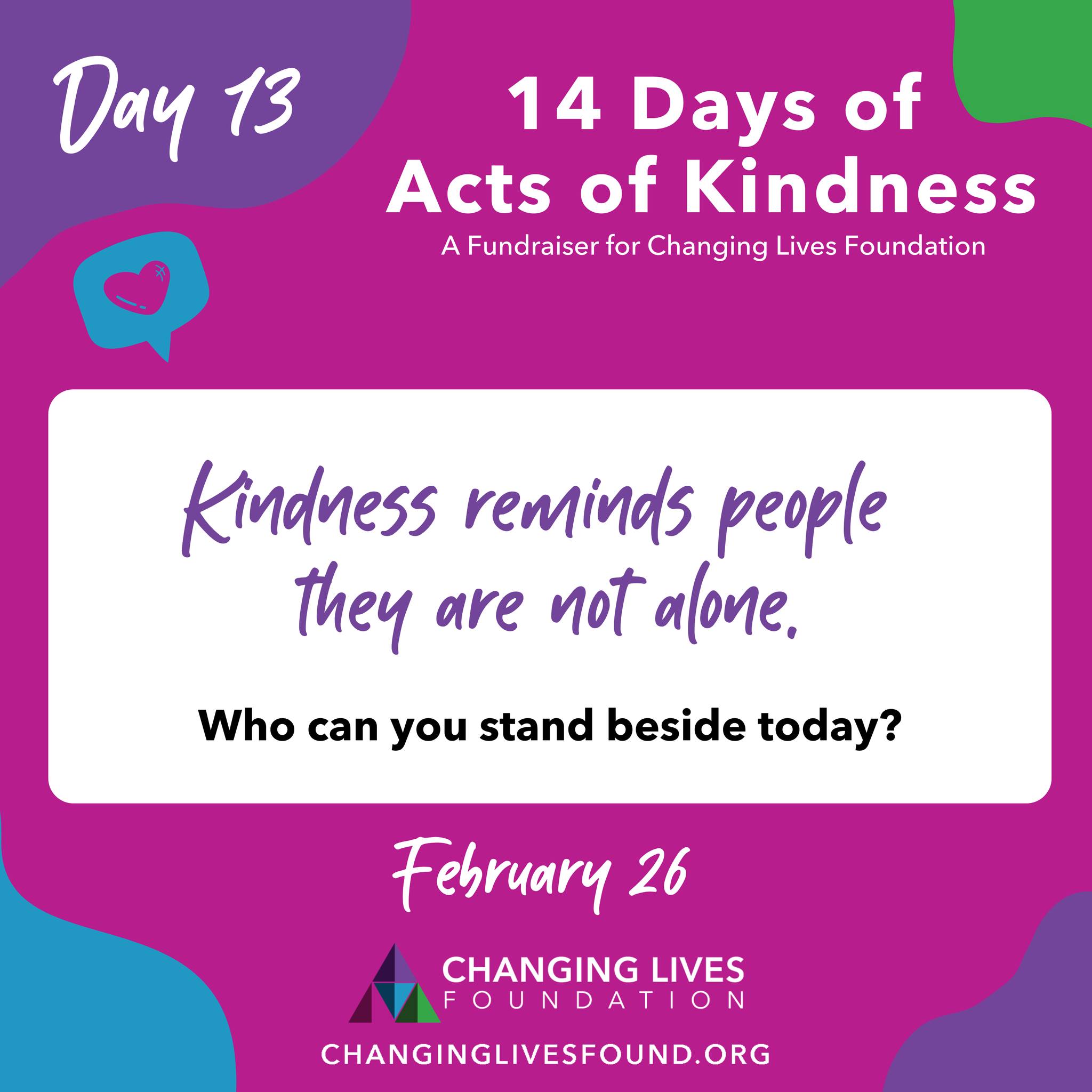 We’re almost at the end of this journey.
Comment what you did today and share this to challenge someone to complete the final days. 🤍
#changinglivesfound #up2Him #nonprofit #fundraiser #kindness #actsofkindness #14days #february #day13