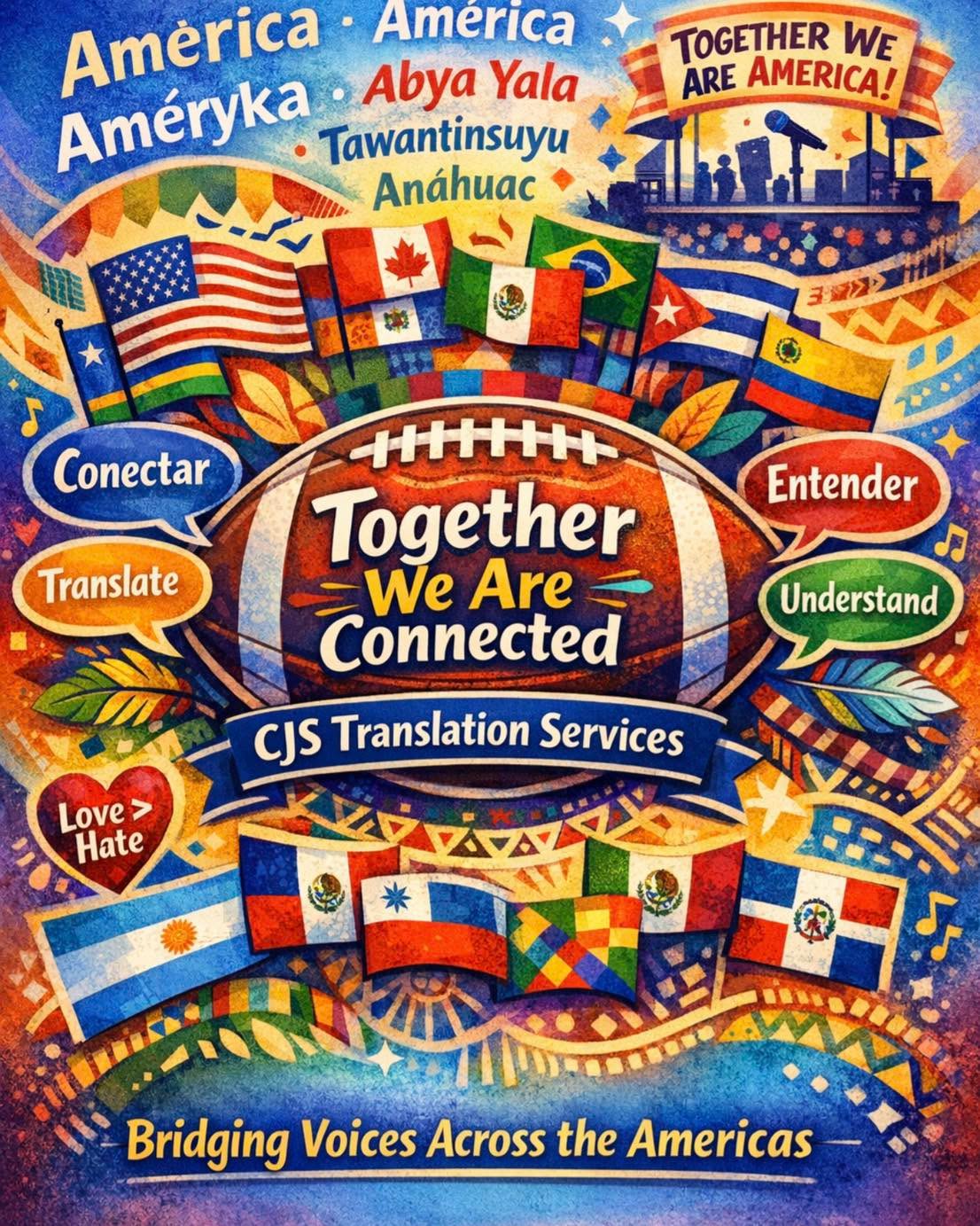 Together, we are connected. 🏈🌎
At the Super Bowl, Benito reminded the world that “Together, we are America.”
At CJS Translation Services, we live that message every day.
Language should never be a barrier to opportunity, understanding, or community.
We’re here to help you translate, communicate, and connect — across cultures, borders, and voices.
📣 Need translation or language support?
✨ We’ve got you.
☎️Call us 3169931393
💫💫💫💫💫💫💫💫💫💫💫💫💫💫💫💫
Juntos estamos conectados. 🏈🌎
En el Super Bowl, Benito le recordó al mundo que “Juntos somos América.”
En CJS Translation Services, vivimos ese mensaje todos los días.
El idioma nunca debería ser una barrera para la comunicación, las oportunidades o la comunidad.
Estamos aquí para ayudarte a traducir, comunicar y conectar — entre culturas, idiomas y personas.
📣 ¿Necesitas servicios de traducción?
✨ Aquí estamos para ayudarte.
☎️Llámanos al 3169931393