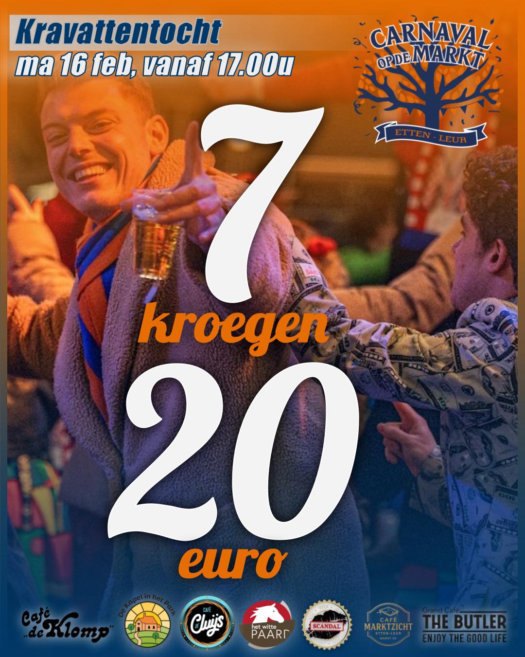 Kravattentocht 🍺🎉1️⃣
Hee kastelein!!
Nadat we met z’n allen het MaMi-record hebben binnengesleept, staat ons een welverdiende prijs in de Ettense horeca te wachten. Met de Kravattentocht krijg je namelijk in alle 7 kroegen van het Stijlorenrijk een biertje, voor in totaal slechts 20 euro!
Een kravattenkaart is tijdens carnaval te koop naast het podium op de Markt. Je kunt je kaart nu al kopen en afhalen op de Markt via deze link: https://shop.weeztix.com/wwdc3vqq
De kaart is maandag na de MaMi de hele avond geldig bij alle deelnemende horecazaken. Dus kom op, vooruit: nog eentje dan!
📅 Datum: maandag 16 februari
⏰ Aanvang: 17.00 - 02.00u
📍Locatie: Op de Markt in Etten-Leur
#kravattentocht #carnavalopdemarkt #CarnavalopdeMarkt #feest #bier #kroegentocht #stijlorenrijk #Stijlorenrijk #carnaval2026