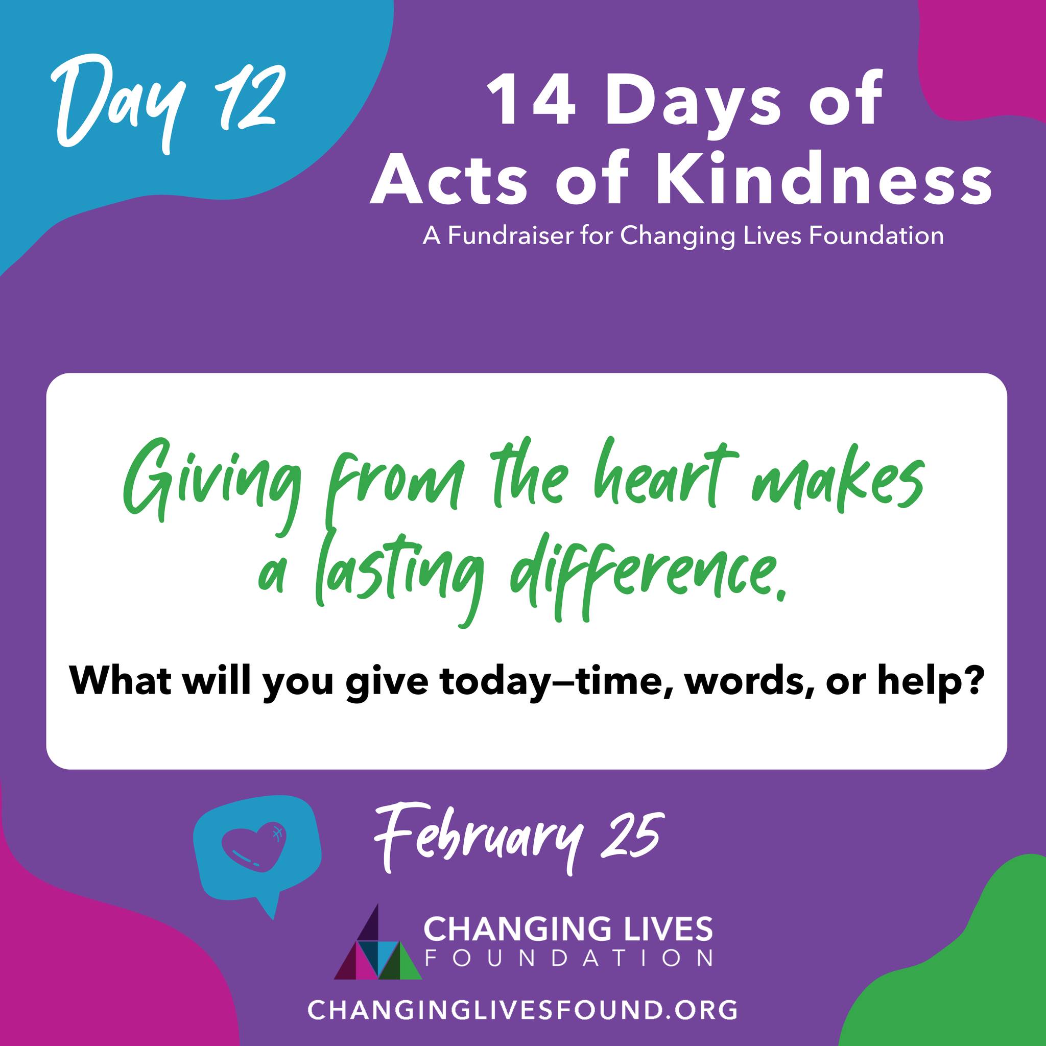 Every act matters more than you think.
Tell us yours in the comments and share this to invite someone to finish strong with you.
#changinglivesfound #up2Him #nonprofit #fundraiser #kindness #actsofkindness #14days #february #day12