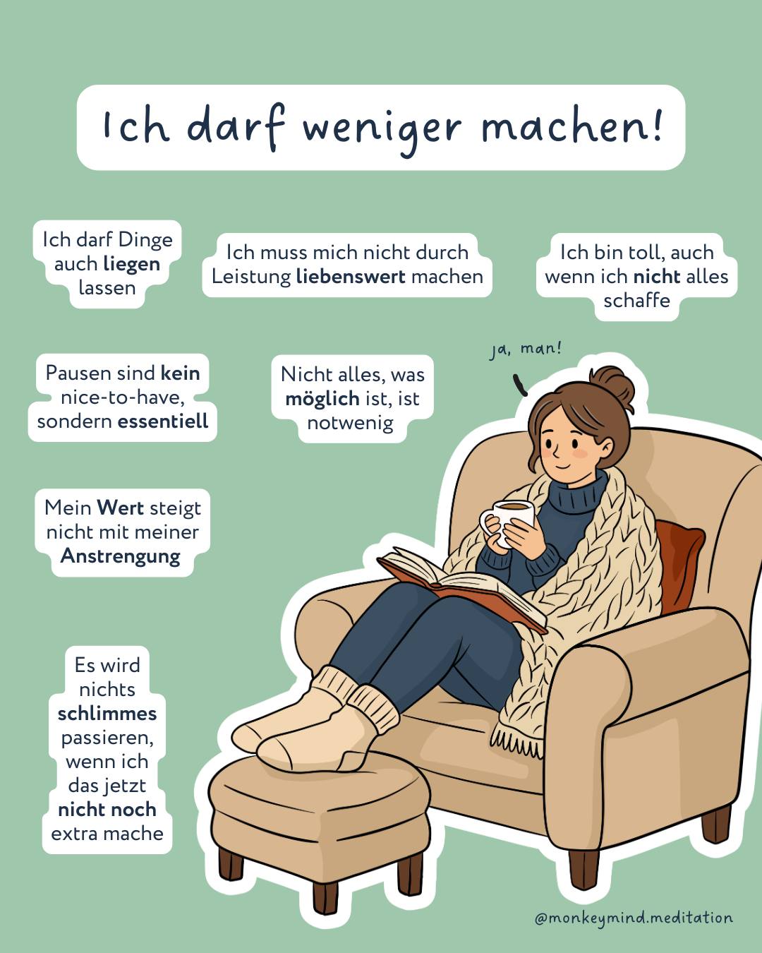 „Ich darf weniger machen“- klingt doch echt ganz gut, oder?
Aber ganz ehrlich? So easy-peasy ist es ja nicht! Es fühlt sich oft einfach falsch an oder geht irgendwie nicht so einfach umzusetzen.
Weniger machen fühlt sich nicht vielleicht gar nicht nach Entlastung an, sondern eher nach Risiko. Irgendwie unsicher und komisch. Also lieber in der Komfortzone bleiben: und weitermachen.
Und ganz unbewusst laufen vielleicht folgende Gedankengänge ab:
✨Wenn ich viel leiste, fühlt sich alles stabiler an.
✨Wenn ich alles im Griff habe, beruhigt sich mein Kopf.
✨Wenn ich funktioniere, falle ich nicht negativ auf.
Und wenn ich weniger mache?
Dann kommt Unruhe.
Vielleicht Schuld.
Und ganz subtil auch die Angst, nicht genug zu sein.
Kein Wunder also, dass „weniger machen“ sich nicht automatisch gut anfühlt. Und ein bisschen Übung braucht.
Ich denke, es braucht nicht mehr Disziplin. Es braucht mehr innere Sicherheit. 💜
Und wenn du das fühlst: bleib gerne hier!
_____________________________
Hey, ich bin Mascha. ✌
Wenn du oft „Ich komm schon klar“ sagst, während du innerlich richtig erschöpft bist: willkommen auf meinem Account.
Ich mache traumasensible Achtsamkeit alltagstauglich – ohne Optimierungsdruck, für genau die Momente, in denen alles zu viel wird. 💜
PS: Ich bereite gerade etwas vor, das dich genau dann auffängt, wenn du wieder denkst: „Ich kann nicht mehr. Mir ist alles zu viel.“