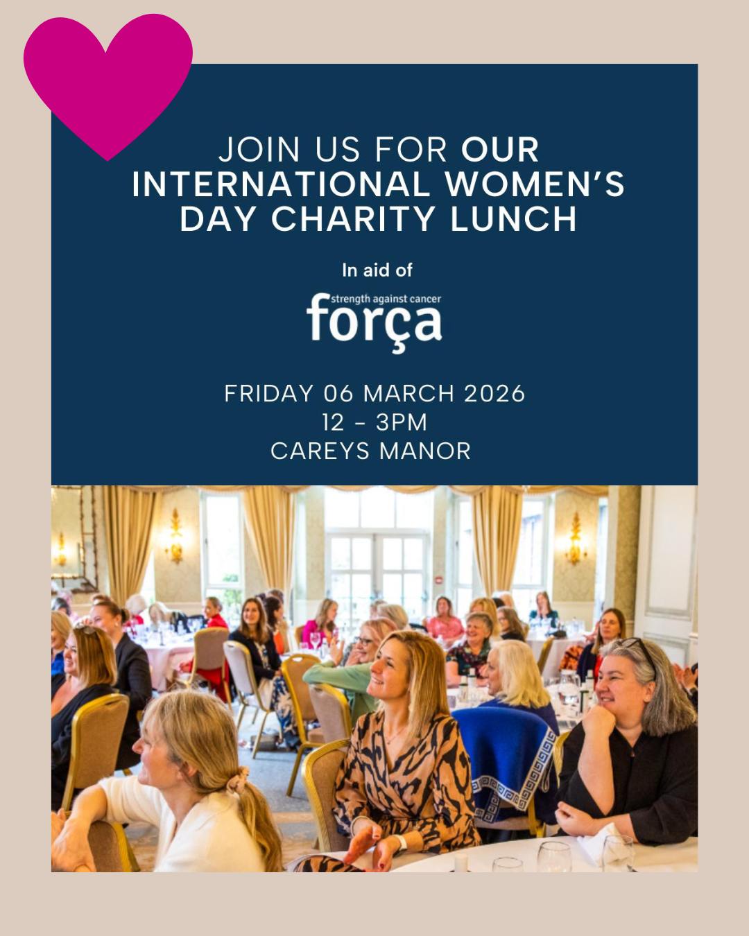 Let's Talk Communications are once again organising a special lunch in aid of força for International Women's Day - at Careys Manor on Friday 6th March.
Every ticket sold for the lunch and every raffle ticket purchased helps raise vital funds that will help us to support local people living with cancer.
We can’t wait to see you there — book your ticket now:
https://www.tickettailor.com/events/letstalkcommunications/1660197
@letstalkcomms @careysmanor_senspa #internationalwomensday2026 #iwd26