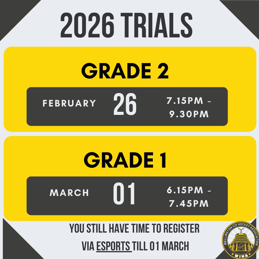 🔥 2026 TRIALS FOR GRADES 1 & 2 🔥
🏒 Trials are your chance to hit the ice and show the managers what you’ve got before teams are drafted for the season.
🏒 Can’t make it? — email Jeremy a message at adults@wiha.nz and he’ll coordinate with the G1 or G2 managers.
🏒 Signed up for G1? If you’re not selected in the G1 draft, you’ll automatically roll into the G2 draft so you’re still in the mix for the season.
See you out there — it’s almost time to drop the puck.