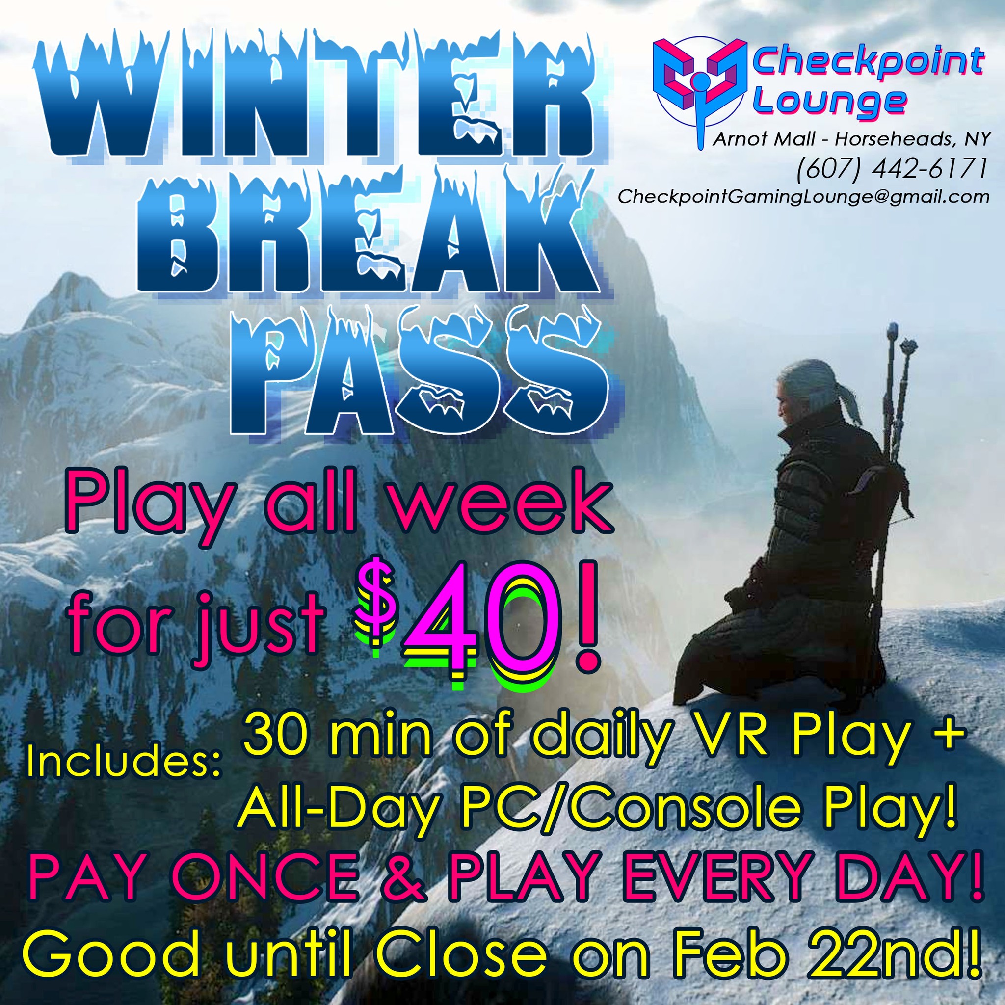 ❄️ WINTER BREAK PASS ❄️
$40 - Pay once and Play all week!
🌟 Includes:*
🥽 30 minutes of VR
🎮 All-Day PC/Console Play
EVERY DAY until close of business (6pm) on February 22nd!**
(Ask us about multi-person and/or family discounts)
*VR and PC/Console usage is subject to availability
**valid during business hours only - does not include any hours that we are closed for a private party