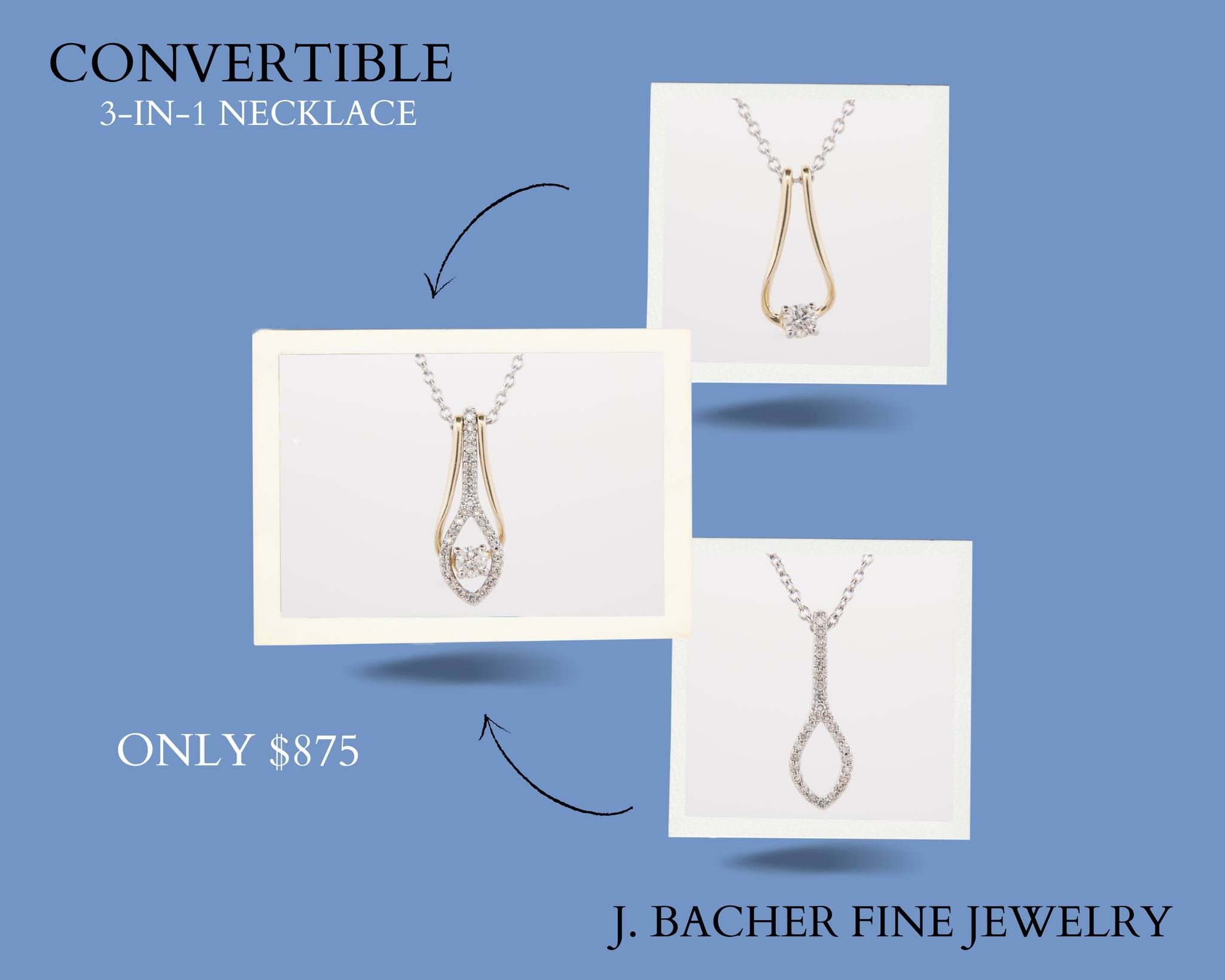 What's better than a convertible necklace?
This teardrop diamond necklace can be worn three different ways! Wear the classic yellow gold solitaire every day, or dress it up by combining it with the white gold pendant. This necklace is perfect for any occasion or outfit. $875