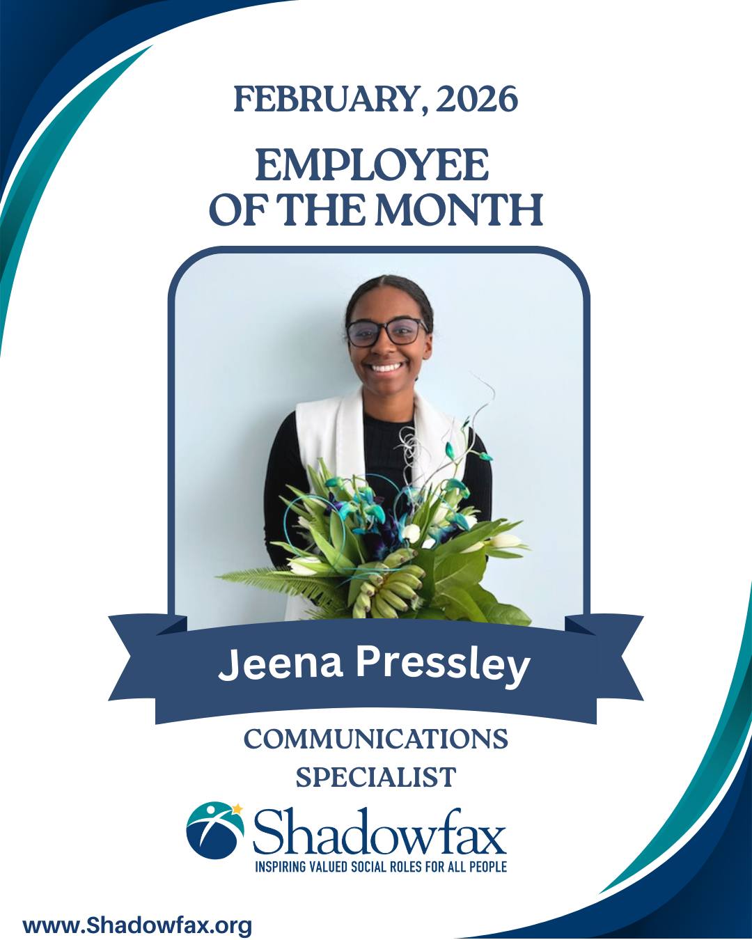 Congratulations to our February Employee of the Month, Jeena Pressley!🎉
Jeena has been with Shadowfax for just shy of one year. She started out as an Events and Marketing Associate and moved into the Communications Specialist role. Her favorite part of her job is sharing Shadowfax's mission through events, marketing, and socials, and interacting with team members, individuals, and community members!
Congratulations, Jeena!