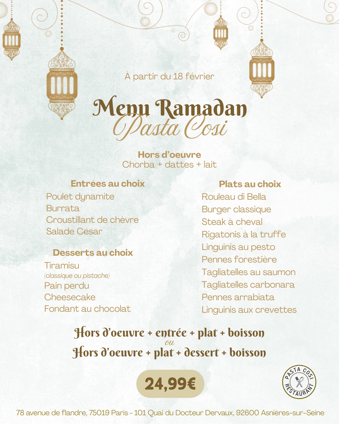 🌙 À l’occasion du Ramadan, Pasta Cosi vous a préparé un menu spécialement pensé pour sublimer vos moments d’iftar.
Que ce soit en famille, entre amis ou pour un moment de convivialité après la rupture du jeûne, laissez-nous accompagner vos soirées avec notre menu Ramadan.
🕐 Tous les jours à partir de 18h
📍 Pasta Cosi Paris et Asnières
✨ Réservez dès maintenant
#pastacosi #pastacosiparis #pastacosiasnières #iftar #ramadan
