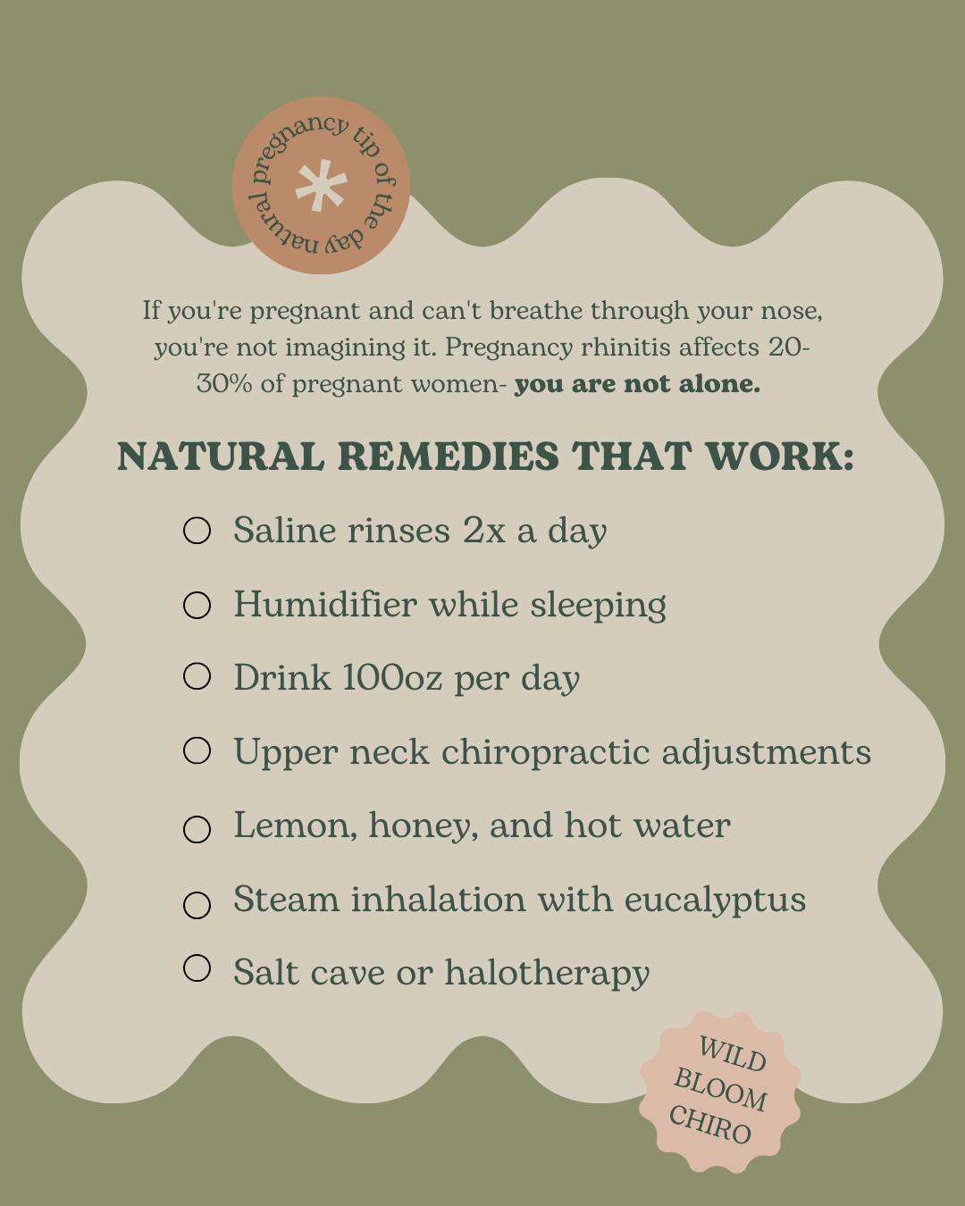 If you're pregnant and can't breathe through your nose, you're not imagining it.
Pregnancy rhinitis affects 20-30% of pregnant women - and most doctors just say "deal with it until delivery."
But you don't have to suffer through it, mama.
Here's what's happening:
Estrogen increases → nasal blood vessels swell → congestion
Progesterone increases → relaxes nasal passages → more swelling
Blood volume increases 40-50% → more blood flow to mucous membranes → constant stuffiness
This leads to mouth-breathing all day and night, can't sleep lying down, and most decongestants aren't pregnancy-safe.
Natural remedies that actually work:
🌊 Saline nasal rinse (neti pot) 2x daily
💨 Humidifier while sleeping
💧 Drink 80-100oz water daily (thins mucus)
😴 Elevate your head while sleeping
🌿 Steam inhalation (add eucalyptus if provider approves)
🍋 Lemon + honey + warm water
🧂 Salt cave/halotherapy (pregnancy-safe)
How chiropractic helps:
Upper cervical and thoracic adjustments support lymphatic drainage from sinuses, improve nervous system regulation of inflammation, release tension restricting breathing, and help optimize rib and diaphragm function (especially important as baby grows!).
Our goal is to support your body's ability to drain, regulate, and adapt.
Try these natural remedies + chiropractic support to make breathing easier.
You don't have to suffer through pregnancy, mama. 💚
Drop 🤰 if pregnancy stuffiness is making you miserable. We help pregnant mamas breathe easier.
.
.
.
#wildbloomchiro #gallatintn #sumnercounty #chiropractor #babies #pregnancy #postpartum #health #help #natural