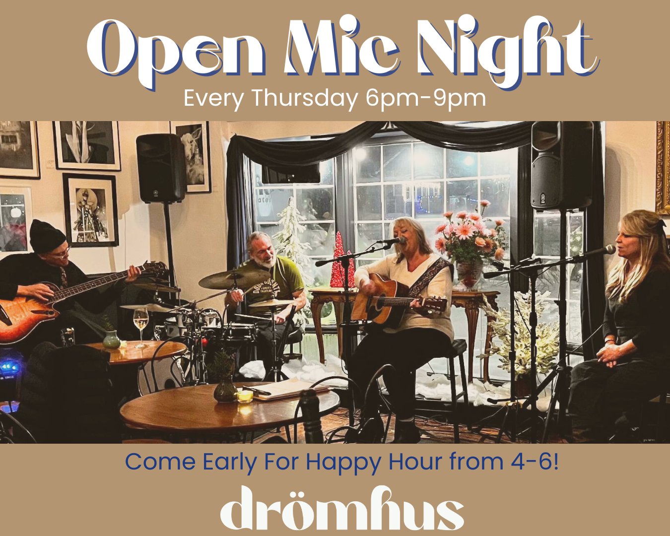 Open Mic Tonight! Perform your talent, or sit back and watch the show!
Come early for Happy Hour and get Buy 1 Get 1 wine, beer & mocktails!
Dinner menu available all night.
Come hang with us, it's always an amazing performance!
Drömhus
611 Jefferson Street
Sturgeon Bay
