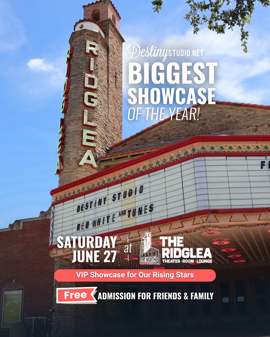 🇺🇸 80 spots. One legendary stage. Enrollment is open NOW!
This summer, we’re heading back to one of our all-time favorite venues — the iconic Ridglea Theater! Don't miss our Red, White & Tunes Showcase on June 27
Originally built in 1950, this historic Fort Worth gem is known for its grand architecture, vintage charm, and electric atmosphere. And our students get the full rockstar experience with stage lights, professional sound, and a crowd that brings the energy. This is not your average recital.
Only 80 performance spots are available, and they will go fast.
✨ Showtimes (All Ages): 10AM, 12PM, 3PM, 5PM
🔥 7PM Show (Ages 16+ only — performers 16+ may perform in any show, but the 7PM show is reserved for 16+)
Link in bio to register!
Open to current students in Aledo & Mansfield only.
Big stage. Big energy. A summer they’ll never forget. Who’s claiming a spot?😎
#dfwmusiclessons #mansfieldmusicscene #musiclessons #ridgleatheater