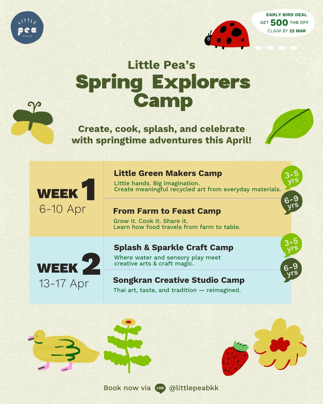 🪷 Spring adventures await! This year our Spring Camp comes with a Songkran twist (6 – 17 April). Designed for curious minds and playful hearts, we’ve planned two exciting weeks of creativity, exploration, and hands-on learning for this upcoming term break. 💦
Week 1 (6 – 10 Apr)
♻️ (3 – 5 yrs) Little Green Makers Camp
🧈 (6 – 9 yrs) From Farm to Feast Camp
Week 2 (13 – 17 Apr)
🎨 (3 – 5 yrs) Splash & Sparkle Craft Camp
🇹🇭 (6 – 9 yrs) Songkran Creative Studio Camp
Expect art, movement, cooking, building, and joyful discovery — all in true Little Pea style. Limited spots available! 🌸
💥 Book now via Link in Bio or Line @littlepeabkk
____________
🪷 การผจญภัยในช่วงฤดูใบไม้ผลิกำลังรออยู่! ปีนี้ Spring Camp ของเรามาพร้อมกลิ่นอายสงกรานต์ (6 – 17 เมษายน) เราได้ออกแบบช่วงเวลาแสนสนุกเพื่อน้องๆ ที่เปี่ยมด้วยความอยากรู้อยากลองและหัวใจที่รักการเล่น เต็มอิ่มถึง 2 สัปดาห์ที่อัดแน่นด้วยความคิดสร้างสรรค์ การสำรวจ และการเรียนรู้ผ่านการลงมือทำ สำหรับช่วงปิดเทอมที่กำลังจะมาถึงนี้ 💦
💥 จองเลยผ่าน Link in Bio หรือ Line @littlepeabkk
____________
#LittlePeabkk #LittlePea #theCOMMONSbkk #LittlePeaSpringCamp