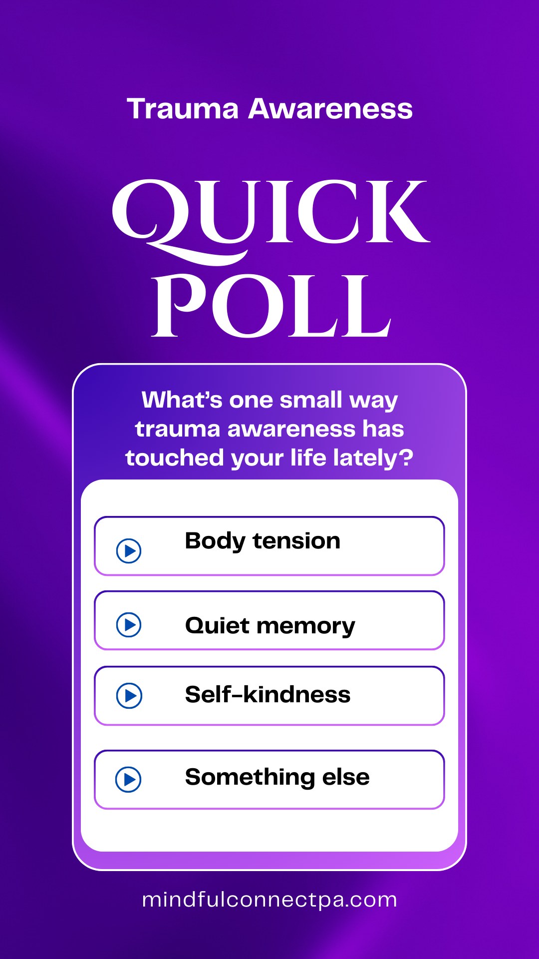 This week has been about naming trauma softly — noticing where it lives, how it shows up, without needing to “fix” anything.
I’m wondering…
What’s one small way trauma awareness has touched your life lately?
A body sensation? A memory that lingers? A moment of gentleness toward yourself?
No need to explain or go deep — a single word or feeling is enough if you want to share.
I’m listening without judgment.