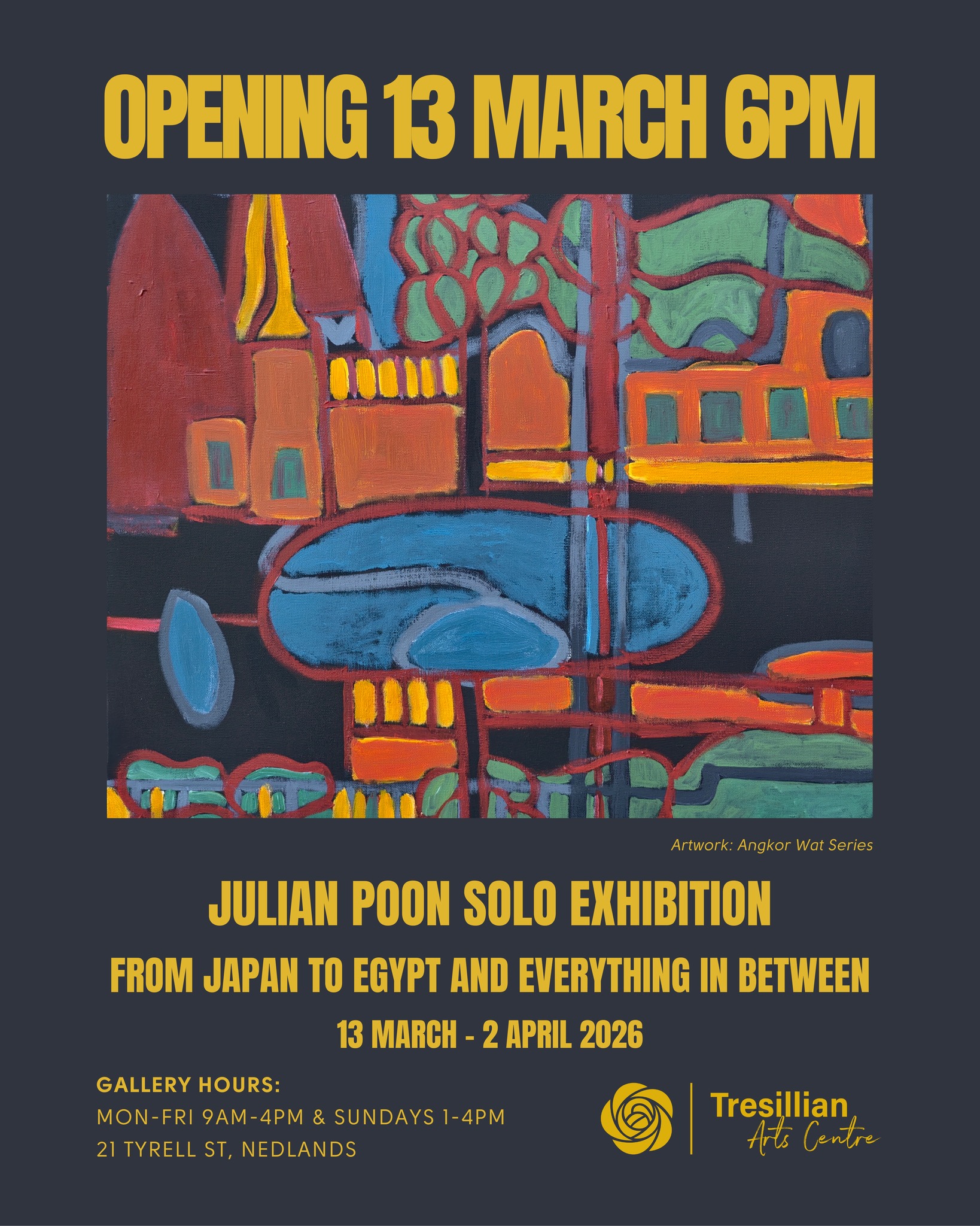 From Japan to Egypt and Everything in Between - a solo exhibition by Julian Poon.
Julian Poon is an autistic artist whose vibrant paintings and drawings are deeply shaped by the things that bring him joy, structure, and wonder: travel, the epic universe of Star Wars, and stories and imagery from the Bible.
"Join me on my journey to Egypt and Japan and everything in between through my world of art."
Opening event on 13 March at 6pm.
Exhibition continues to 2 April.