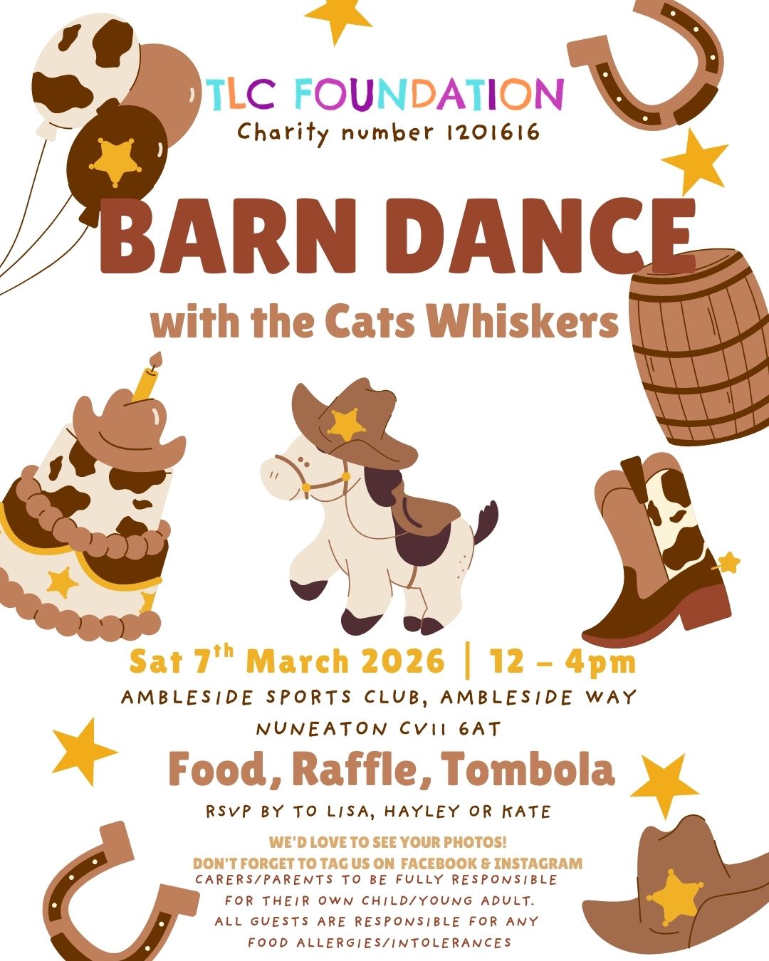 Saddle up 🤠🌟
Our TLC Foundation Barn Dance is back and you’re invited to kick up your heels with The Cats Whiskers 🐎🎶
📅 Saturday 7th March 2026
⏰ 12pm to 4pm
📍 Ambleside Sports Club, Nuneaton
Expect an afternoon full of:
🍔 Tasty food
🎟️ Raffle prizes
🎁 Tombola fun
🎵 Live country tunes
We’re going to have a boot scootin’ good time 👢 and we promise it’ll be Achy Breaky Hearts on the dancefloor only 💃🕺 You might even find yourself saying “Man! I Feel Like a Woman” when your favourite song comes on 🎤✨
So grab your hat, round up your friends and say Howdy to a great cause ❤️ Every ticket helps us continue supporting families of children and young people with severe and complex learning difficulties.
RSVP to Lisa, Hayley or Kate to secure your spot.
Let’s make it a country classic 🌾⭐
#TLCFoundation #BarnDance #BootScootinBoogie #CountryVibes #CharityEvent #NuneatonEvents #LiveMusic #RaffleFun #TombolaTime #SupportLocalCharities 🤠🎵