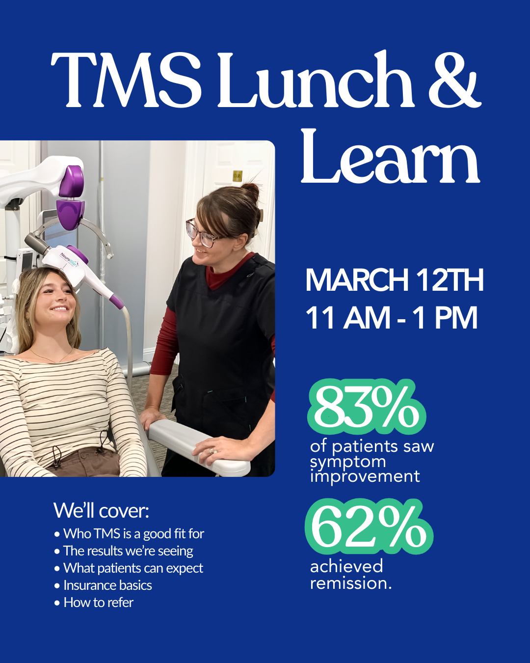 🧠 TMS Lunch & Learn – For Utah Valley Providers
Join us March 12 from 11AM–1PM in Provo to talk about NeuroStar TMS for depression.
We’ll cover who it’s a good fit for, the results we’re seeing, and how referrals work.
Stop by, grab a bite, and connect with our team.
📍 Coronado Wellness – Provo
3507 N University Ave Ste 225
#UtahValleyProviders #TMS #DepressionTreatment #LunchAndLearn #MentalHealthCare