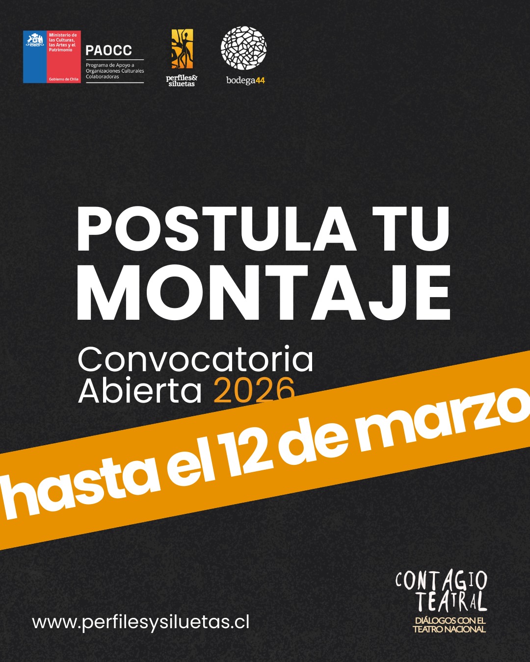 ¡CONVOCATORIA ABIERTA! 🎭 CONTAGIO TEATRAL TEMPORADA 2026
¡Atención, Compañías de Artes Escénicas de todo Chile! 📢
La Agrupación Cultural Perfiles y Siluetas abre la postulación para ser parte de la programación permanente de Contagio Teatral Temporada 2026 en nuestra sala Bodega 44, Espacio de Arte, en Los Ángeles.
Buscamos conectar tu trabajo con audiencias locales, promoviendo el acceso libre al teatro y el diálogo cultural.
¿CUÁNDO POSTULAR?
Hasta el 12 de marzo de 2026.
EL PROGRAMA 2026
Programación: De abril a diciembre.
Funciones: Viernes y Sábados a las 20:00 horas.
¡Sé parte de esta iniciativa que busca descentralizar la cultura y generar un espacio de encuentro transformador!
👉 BASES Y FORMULARIO DE POSTULACIÓN en el link de nuestra biografía, en el formulario https://forms.gle/RQxx2GWHwjUutWwY9 o directamente en: perfilesysiluetas.cl