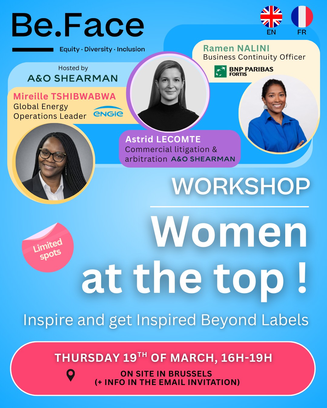 ✨ Workshop: Women at the Top !
Inspire and Get Inspired Beyond Labels: Stories of Success Beyond Stereotypes with @aoshearman_be
🔥 Celebrate the power of women who rise, redefine the rules, and lead with purpose. Join us for an inspiring moment and a space to fuel your ambition, spark new perspectives and step forward with confidence.