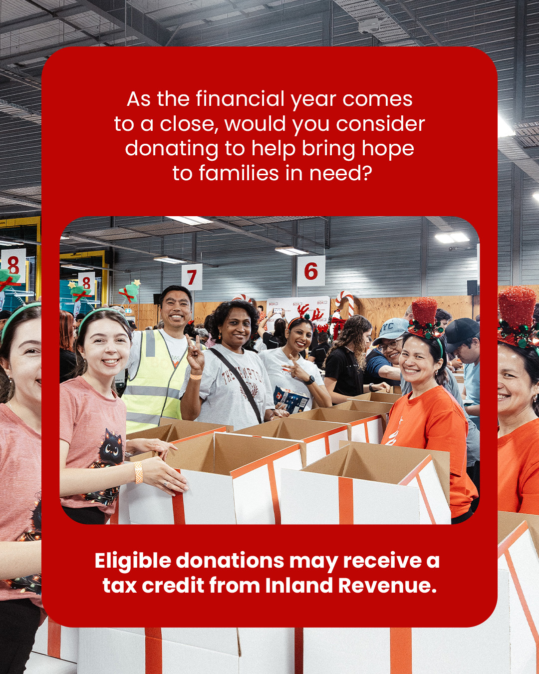It's that time again - end of financial year! Any donation made in NZ over $5 is eligible for a 33.3% tax credit. We'd love it if you considered donating to Christmas Box before 31 March - www.christmasbox.co.nz/donate