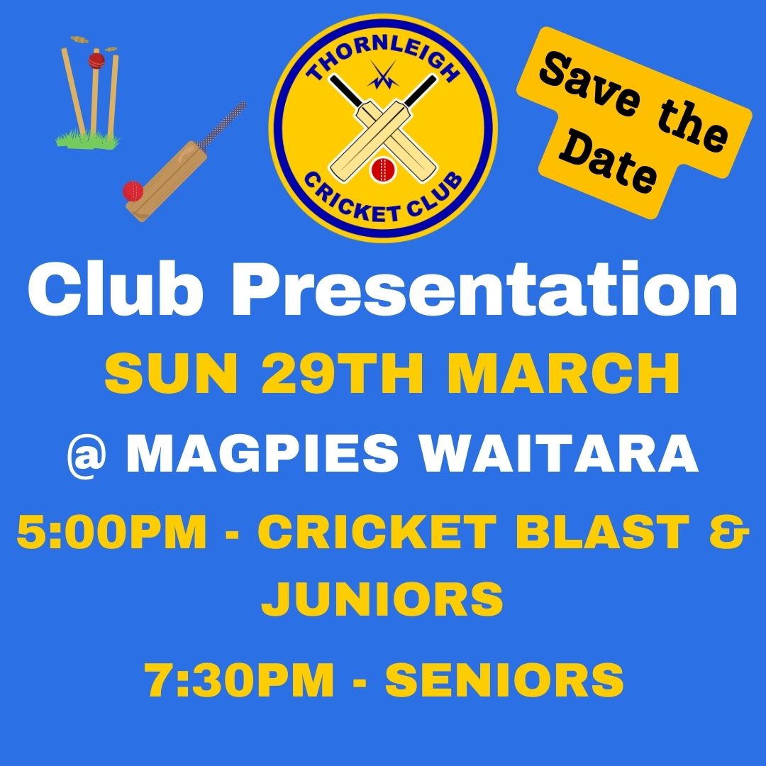 🏏✨ Celebrate the Season at Our Annual Club Presentation! ✨🏏
Join us as we wrap up another fantastic season of cricket and celebrate the players, teams and moments that made it special!
📅 Sunday 29 March
📍 Magpies Waitara
Schedule:�
🕔 5:00pm – Cricket Blast & Junior Presentation�All junior players will receive an award 🎉
🕢 7:30pm – Senior Presentation
We’re also excited to have Cricket NSW presenting some special awards during the Junior Presentation 👏
Let’s pack the room and celebrate a great season together with our cricket community. We can’t wait to see everyone there! 💙💛🏏
🏏🏏🏏
Thanks as always to our Major Sponsor:@alto_mitsubishi_pennant_hills
and our Community Partners:
@magpieswaitara
@allenandsheppard
@scooda.creativehub
.....for your huge support of local community cricket.
#PlayCricketforThornleigh #ThornleighCricket #SummerSport #Cricket #thornleigh #westleigh #TforThornleigh
#HKHDCA100 #CricketForLife #CommunityCricket #CentenaryGala
@cricketnsw
@cricketaustralia
@playcricketau
@hkhdca
@thornleighsportsclub