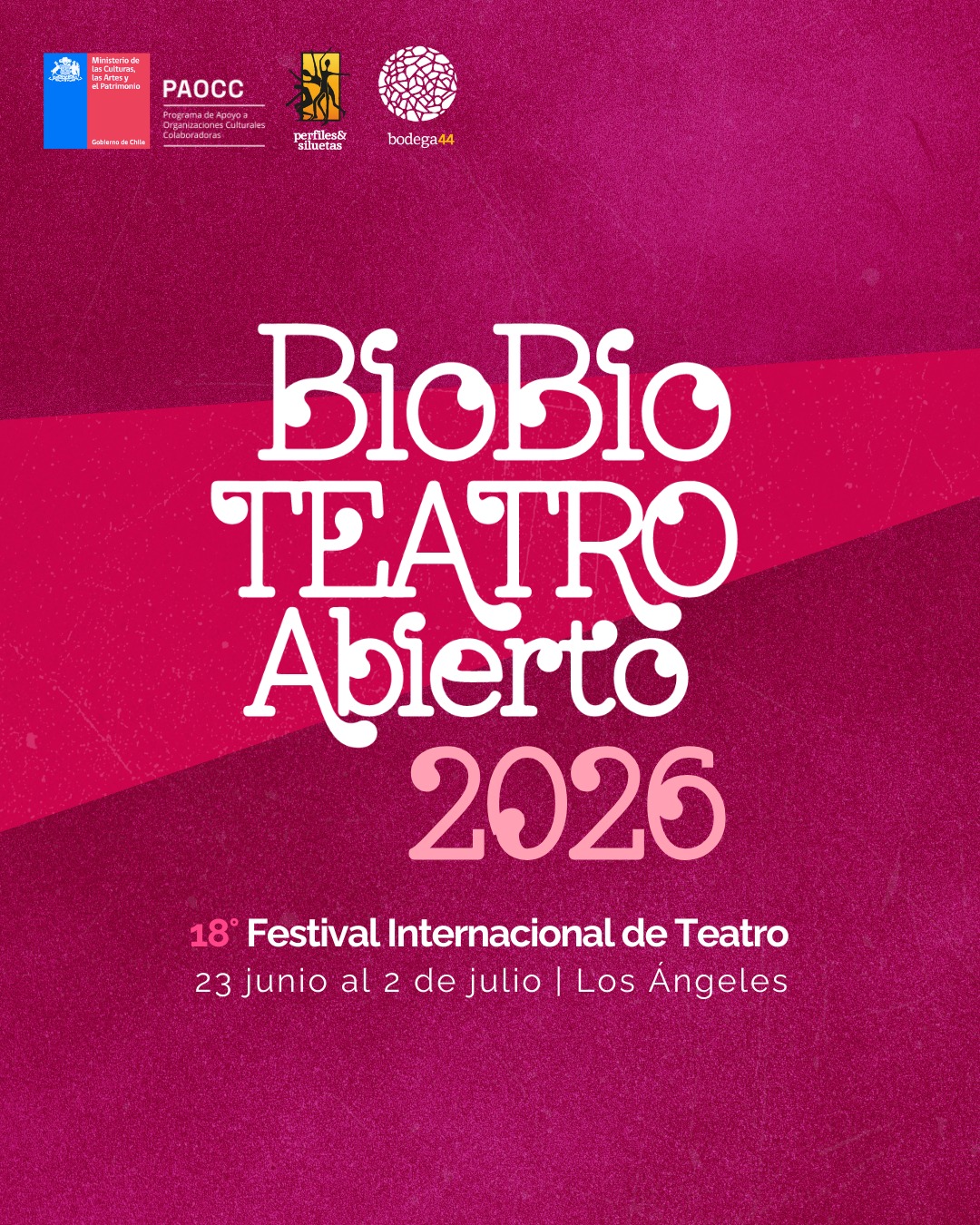 📢 ¡CONVOCATORIA ABIERTA!
XVIII Festival Internacional Biobío Teatro Abierto 2026 🎭✨¡La fiesta del teatro en el sur de Chile ya tiene fecha y busca a sus protagonistas!. La Agrupación Cultural Perfiles y Siluetas invita a compañías nacionales y latinoamericanas a ser parte de nuestra 18° versión.
Buscamos propuestas de teatro, danza y circo que pongan en valor la dramaturgia chilena o temáticas que nos identifiquen.
📅 ¿Cuándo es el festival?
Del 22 de junio al 4 de julio de 2026.
📍 ¿Quiénes pueden postular?
Elencos nacionales e internacionales (Latinoamérica)
Grupos con trayectoria o emergentes..
Montajes para público adulto y/o infantil.
📝 Información Clave:Periodo de postulación:
Del 2 de marzo al 2 de abril de 2026.
Resultados: 2 de mayo de 2026.
Bases y Formulario: Disponibles en nuestro sitio web o el link en nuestra biografía.
¡No te quedes fuera de uno de los hitos teatrales más importantes de la Región del Biobío!. Ayúdanos a difundir etiquetando a tu compañía favorita. 👇
#BioBíoTeatroAbierto #PerfilesYSiluetas #TeatroChileno #ConvocatoriaTeatro2026 #ArtesEscénicas #LosÁngelesChile #TeatroLatinoamericano