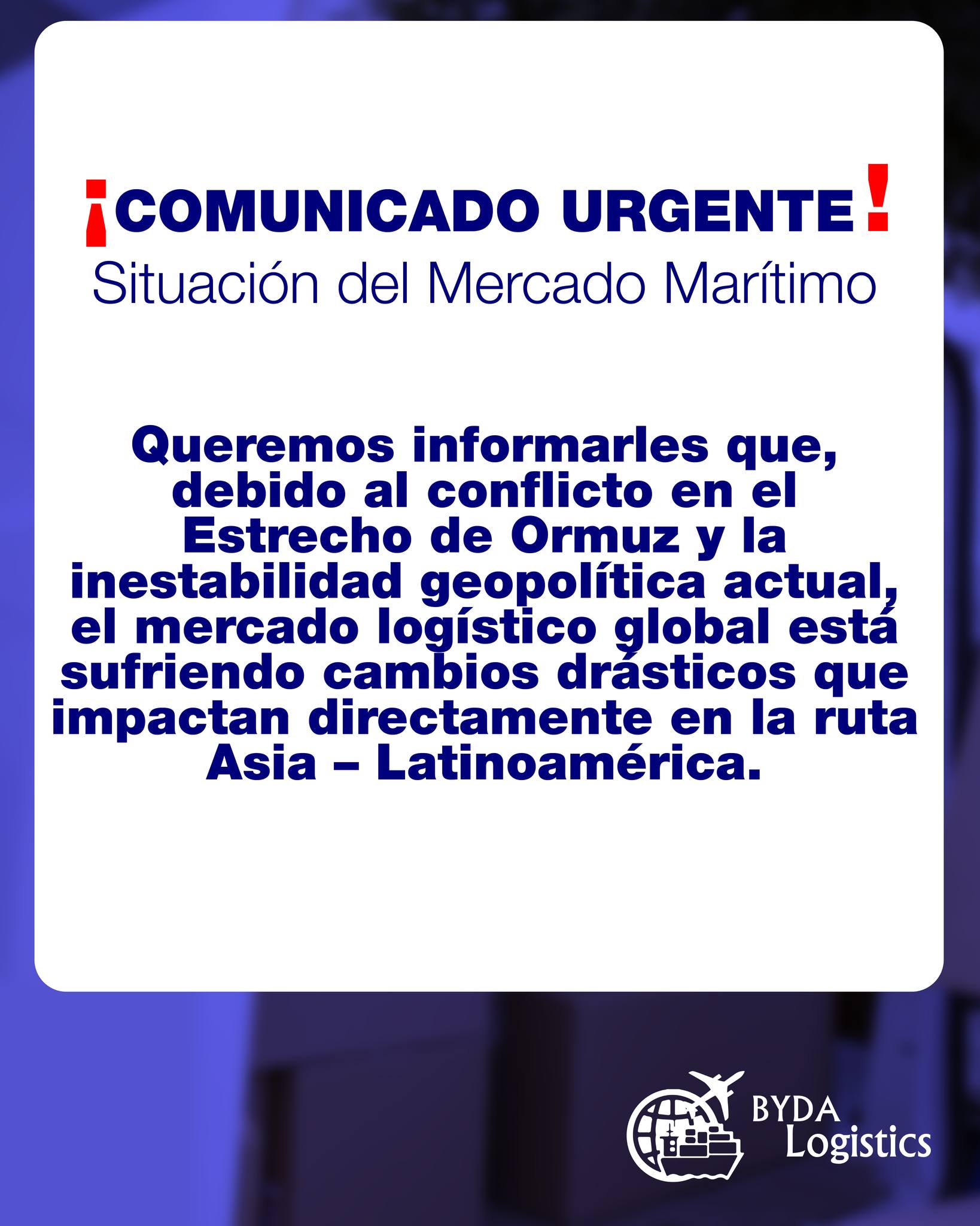 Los fletes continuarán incrementándose semana tras semana durante todo el segundo trimestre. No se prevén bajas en el corto plazo debido a la presión del BAF y la saturación de la capacidad global.
