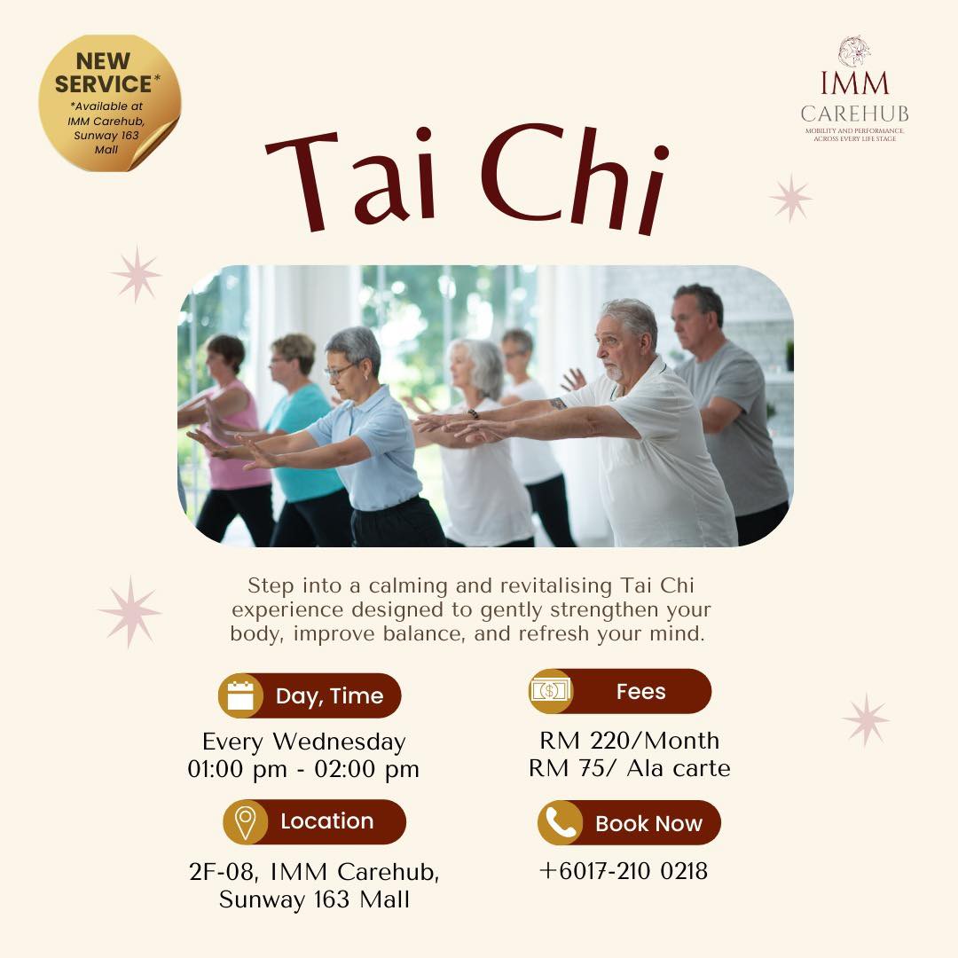 Breathe. Flow. Strengthen. Tai Chi Class! 🌿
Join us for our Tai Chi Class and experience the gentle flow of movements that help improve balance, flexibility, and overall well-being.
This low-impact exercise is suitable for all fitness levels and is especially beneficial for strengthening the body, enhancing coordination, and calming the mind. Whether you’re new to Tai Chi or have some experience, you’re most welcome to join us 💪🌸
🗓️ Starting : April
⏰ Time : 1:00 PM – 2:00 PM (Wednesday)
📍 Location : IMM Carehub, Sunway 163 Mall, Mont Kiara
Don’t miss out – contact us now to reserve your spot.
For more information:
📞 +6017-210 0218
📧 hello@immcarehub.com
🖥 immcarehub.com
#IMMCarehub #163retailpark #Taichi #socialwellness #Montkiara