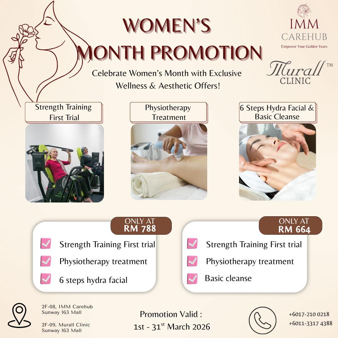 Ladies, this one is for you 💐
In conjunction with Women’s Month, IMM Carehub is collaborating with Murall Clinic to bring you an exclusive promotion designed to support your beauty, strength and overall well-being.
From revitalising facial treatments to strength training and professional physiotherapy care, we’re here to help you feel confident, strong and radiant — inside and out. Because every woman deserves holistic care that nurtures both body and mind.
Valid throughout March only.
Slots are limited, so we encourage you to book early to avoid disappointment.
#IMMCarehub #163retailpark #Montkiara #wellness #strengthtraining #physiotherapy