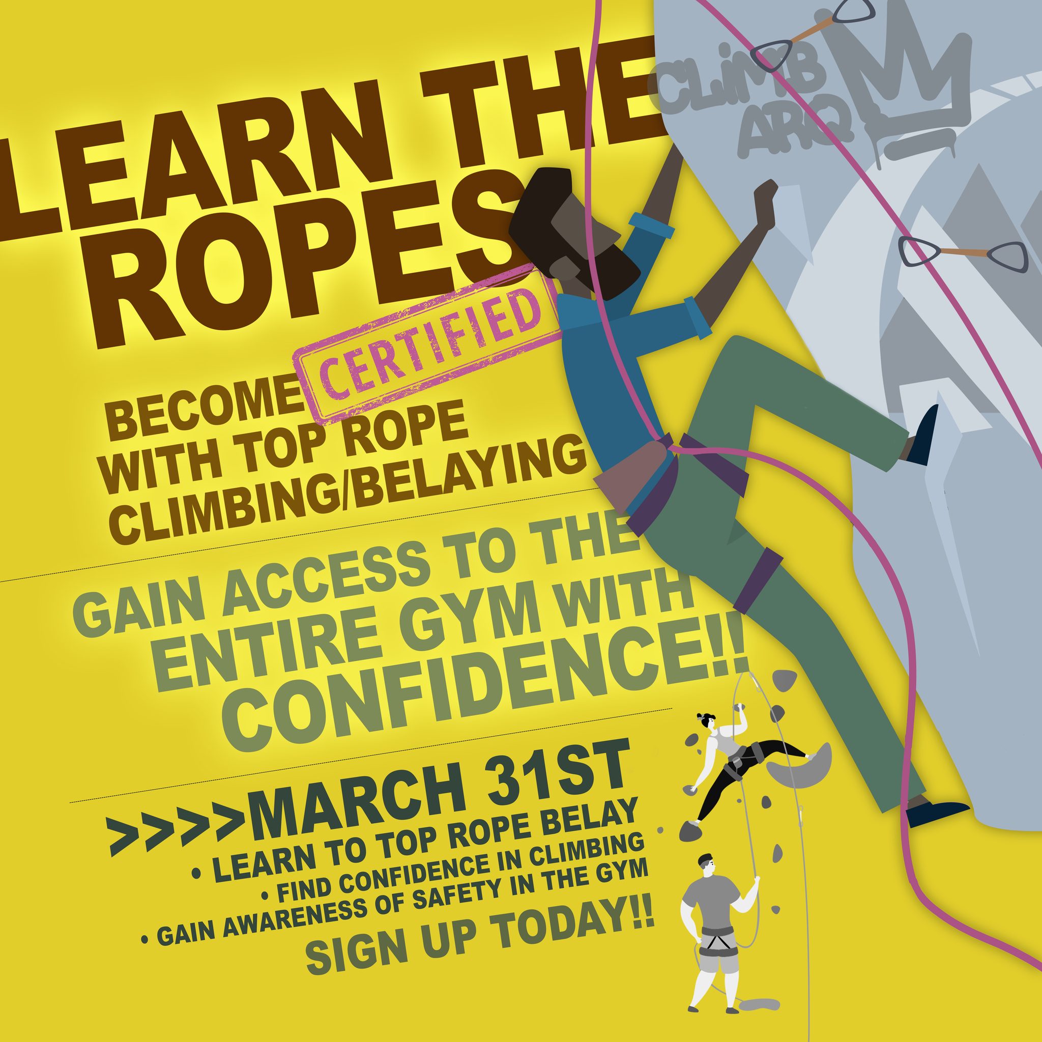MARCH 31ST!!!!! >>>TOP ROPE BELAY INSTRUCTION 5-7:30PM
Learning the ropes at Arq opens up your confidence to the entire gym. You'll learn how to TOP ROPE belay, gain awareness of safety, and yes...gain more confidence. It's the perfect way to grow your climbing inside and outside.
Register today: https://climbarq.portal.approach.app/event/1566/booking/39552
