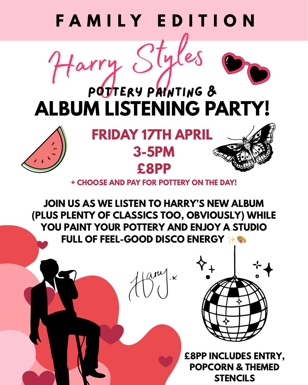 You asked… so we’ve added another one 💛
Our Harry Styles pottery night sold out so quickly that we’ve added a Family Edition during the Easter holidays!
🎶 Harry listening party vibes
🎨 Pottery painting
🍿 Popcorn
✨ Harry-themed stencils
Bring the kids, teens, or come as a family and paint while we play the new album and plenty of Harry classics too.
🎟 Tickets £8 per person
🎨 Pottery chosen and paid for on the night (£10–£35 approx)
Everyone attending needs a ticket as seats are limited.
Book via the What’s On page: https://www.happyglazepottery.co.uk/events/harry-styles-pottery-painting-listening-party-easter-holiday-special
#PotteryPainting
#FamilyActivity
#EasterHolidayFun
#CreativeNight
#HappyGlazePottery
#DevonEvents