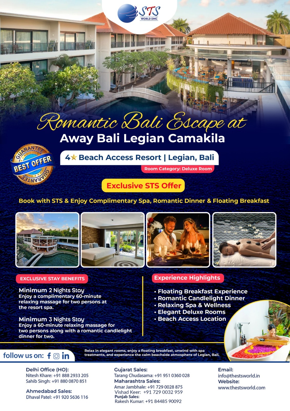 💞 Romantic Bali Escape at Away Bali Legian Camakila 🌴
Turn your Bali getaway into a dreamy escape with STS World! Enjoy a 4⭐ beach access stay in Legian with complimentary spa, floating breakfast, and a romantic candlelight dinner—perfect for couples who want sunsets, serenity, and seaside luxury in one package. ✨
🌐 www.thestsworld.com
✉️ info@thestsworld.in
.
--CALL NOW!--
Delhi Office (HO):
Nitesh Khare: +91 888 2933 205
Gaurav Tuteja: +91 931 1158 712
Sahib Singh - +91 880 0870 851
Maharashtra sales:
Amar Jambhale: +91 7290028875
Vishad Keer: +91 729 0032 959
Gujarat Sales:
Tarang Chudasama: +91 951 0360 028
Ahmedabad Sales:
Dhaval Patel: +91 920 5636 116
Punjab Sales:
Rakesh Kumar: +91 8#TravelDeals
#RomanticBali #STSWORLD #LegianBali #CoupleGetaway #BeachResort #FloatingBreakfast #CandlelightDinner