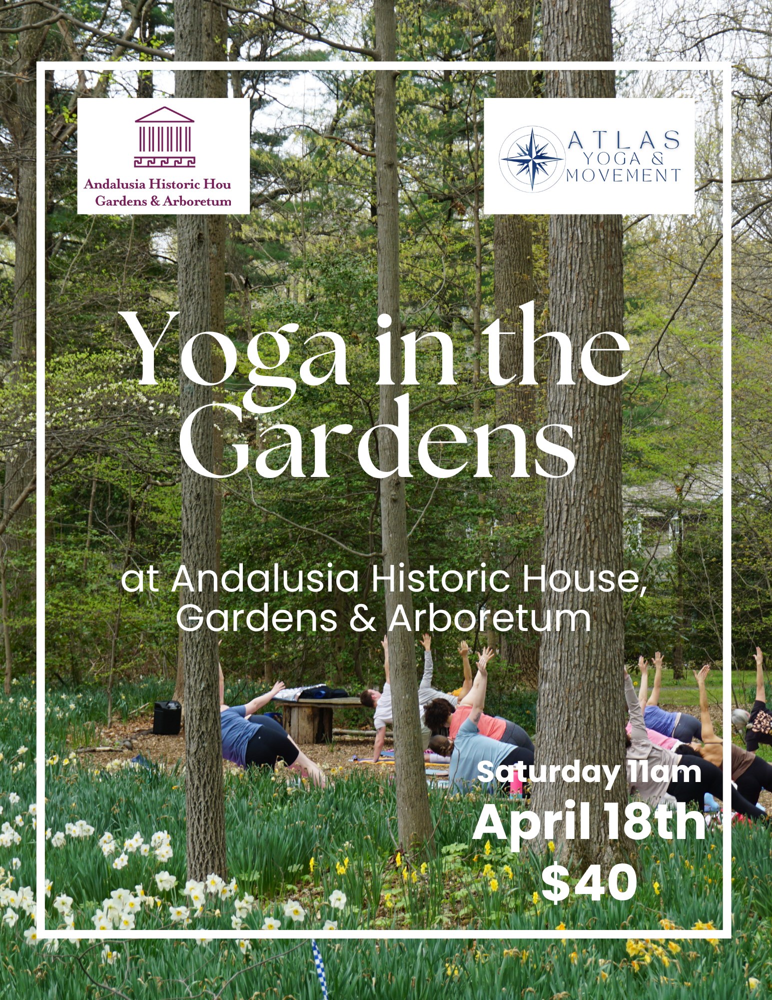 IT'S BACK!!
....Which means Spring is almost here!
šæ Stretch, breathe, and flow amidst nature!
Join Atlas Yoga & Movement for
a 1-hour Vinyasa Flow yoga class on the beautiful Andalusia grounds. Includes gardens admission for the day.
Bring a mat & blanket, explore the gardens, and move in the fresh air.
š Select Saturdays: Apr 18, May 30, Jun 27, Sep 19, Oct 10, Nov 7
ā° 11am
š Tickets: https://events.ticketleap.com/tickets/andalusiapa/yoga-in-the-gardens-2026