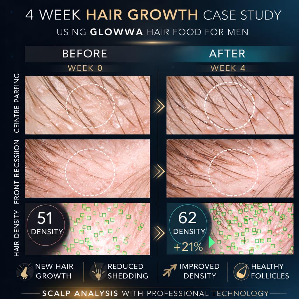 REAL SALON RESULTS – 4 WEEK HAIR CASE STUDY
These images are not marketing photos from GLOWWA.
They are real results recorded in our salon using the amazing K-Scan technology we have from Kérastase
Over the past month we’ve been tracking Anthony’s personal results since he started taking GLOWWA Hair Food for Men daily along with using Genesis Bain & Fondant
Using the K-Scan system we can measure:
• Hair density
• Hair diameter
• Hair diversity
• Shedding risk
• Follicle activity
After just 4 weeks we recorded:
• Hair density increased from 51 → 62
• Increased follicle activity across the scalp
• New emerging hairs visible in multiple areas
• Healthy, unclogged follicles
You may notice the average hair diameter measurement is slightly lower in the after scan.
This is actually a positive sign.
When new hairs start growing they appear very fine at first, so these newer hairs temporarily lower the average diameter measurement until they mature and thicken over time.
This means the scan is picking up new anagen hairs coming through.
We’ll continue to track Anthony’s results over the next few months, as hair growth cycles typically take 3–4 months to fully develop.
And a small thank you to Charley’s good friend ChatGPT for helping us put the images together for this case study 🤖
If you’re concerned about thinning or shedding, speak to us today, or check out www.salonallure.co.uk/glowwa for more information