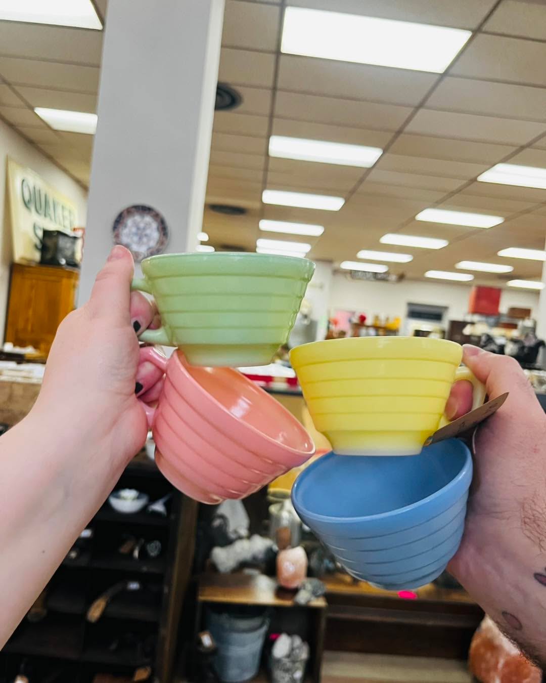 Just arrived! Perfect for Easter or spring decorations. Grab them quick because they’re priced to move FAST.
Set of 4 large cups $20 — two sets available.
Set of 4 bowls $20 — two sets available.
Set of 4 small cups $15 — one sets available.
Pink cup and saucer $8 — two available.
Yellow cup and saucer $8 — two available.
Blue cup and saucer $8 — two available.
Green cup and saucer $8 — two available.
White cup and saucer $8 — four available.
Pink cream and sugar $8 — two available.
No holds on new arrivals.