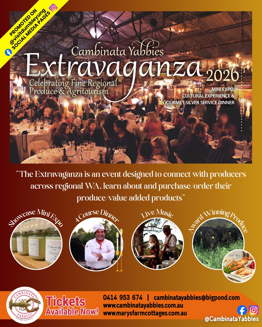 ๐ถ The Cambinata Yabbies Extravaganza is getting closer! ๐ฆ
A unique evening celebrating regional WA produce, agritourism and local talent. Enjoy a candlelit dinner in the shearing shed, live music, and the Mini Expo featuring producers from across regional Western Australia.
๐
Saturday 21 March 2026
๐ Cambinata Yabbies, Kukerin
Learn more about the event and get your TICKETS:
๐ https://www.cambinatayabbies.com.au
๐ https://www.facebook.com/cambinatayabbies
Planning to stay? Check out local accommodation options:
๐ก https://www.visitdumbleyungshire.com/accommodation
#MarchIntoKukerin #CambinataYabbies #VisitDumbleyung #Wheatbeltevents