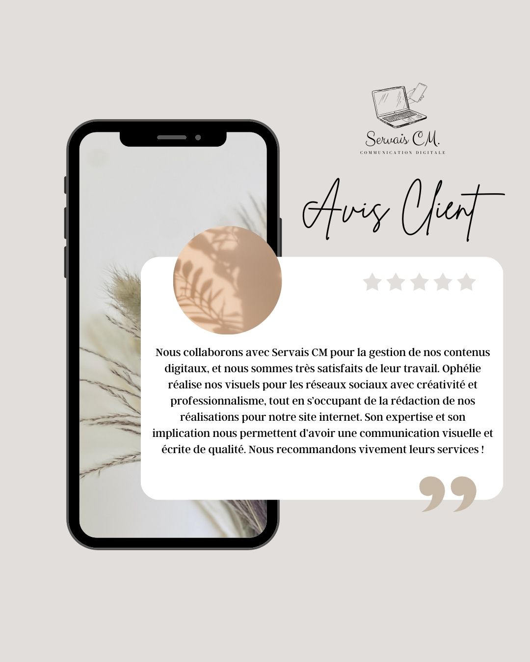 🌟 Un grand merci pour cet avis ! 🌟
Nous sommes ravis de cette collaboration pour gérer leur communication digitale ! 💻✨
🎨 Création de visuels impactants pour les réseaux sociaux
🖋️ **Rédaction de coRédaction de contenus percutants pour le site web
💡 **Expertise,Expertise, créativité et professionnalisme au service de votre image
Chez Servais CM , nous communication visuelle et écrite de qualité . 🚀
🔹 Envie d'une stratégie digitale sur mesure ? Contactez-nous dès aujourd'hui !
#AvisClient #Collaboration #MarketingDigital #ServaisCM #CommunityManagement #CommunicationVisuelle #SEO #Rédaction