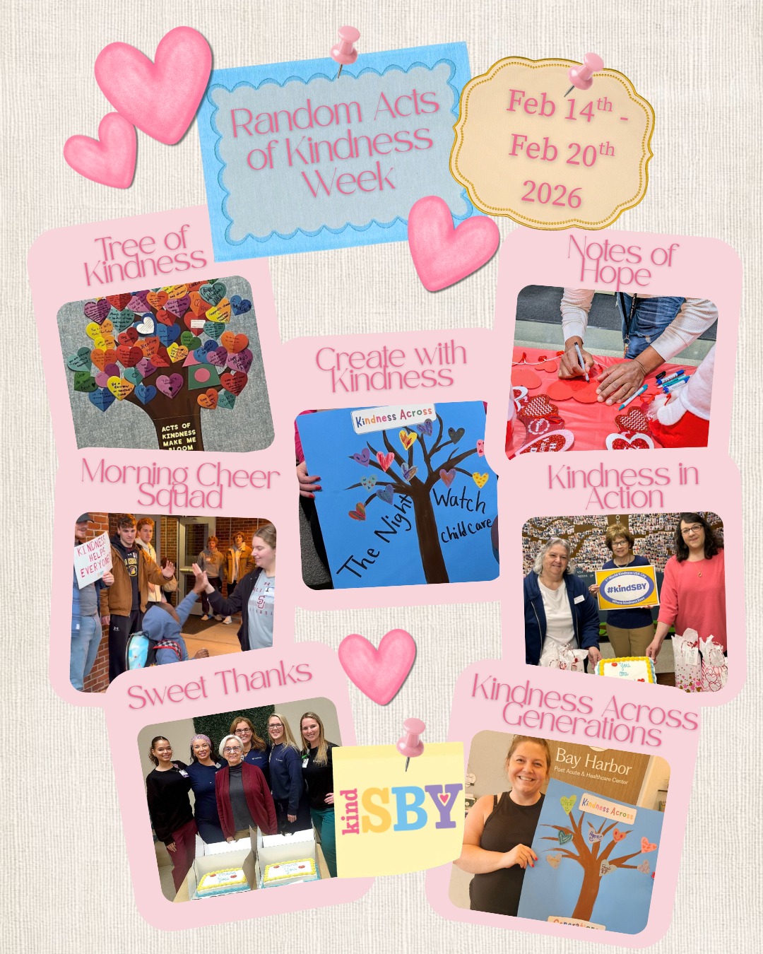 Our hearts are full of gratitude as we look back on our Random Acts of Kindness Week 💛
We want to thank our Kindness Commissioners, our local organizations, our generous donors, and the Salisbury community for your participation and impactful actions. Each day of the week was a testament to how powerful kindness is and how truly special this community is. We could not carry out our mission without each one of you!
Saturday: Kindness Commissioner Megan Outten helped organize a "Tree of Kindness" filled with the community's uplifting words. The tree was displayed at the Wicomico Public Library.
Sunday: Kindness Commissioner Gwenn Garland organized a table where the Wor-Wic community had the opportunity to leave notes of hope to be displayed.
Monday: With the support of Kindness Commissioner Robby Chin, the Salisbury University Men's Soccer Team and SU students cheered on students from James M. Bennett High School and Pinehurst Elementary as they walked into school.
Tuesday: Kindness Commissioner Dr. Amy Stewart planned an art project for the children of the Night Watch Childcare Center and distributed art kits to other centers to decorate hearts that were placed on trees and presented to local nursing homes.
Wednesday: Kindness Commissioners Heather Brooks and Grace Murdock dropped off desserts to HALO Shelter and Hands and Hearts Homeless Shelter, along with a "Thank You" gift for the staff members.
Thursday: Kindness Commissioner Susan Parker gifted the TidalHealth staff a thoughtful treat as a "Thank You" for their hard work.
Friday: Kindness Commissioner Dr. Amy Stewart presented local nursing homes with the trees of children's art created earlier in the week. The nursing homes that received trees include Wicomico Nursing Home, Anchorage Rehabilitation, Bay Harbor Post Acute and Rehabilitation, Encompass Health, Peregrine Senior Living, and John B. Parsons Assisted Living.
A special thank you to our generous donors whose support made this week of kindness possible. Your contributions allow us to continue making a meaningful difference in our community!
We are so proud of this community and can't wait to continue spreading kindness together! 💛