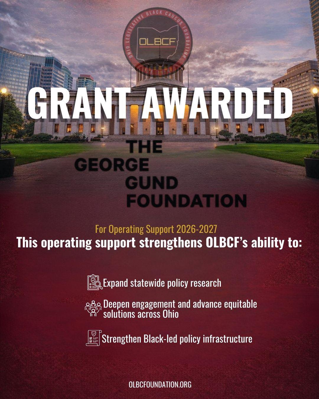 We are thrilled to announce that OLBCF has been awarded a grant from The George Gund Foundation! This generous support will help us further our mission to expand statewide policy research, deepen engagement, and advance equitable solutions across Ohio.
A huge thank you to President & CEO Tony Richardson and Program Director Treye Johnson for their leadership and commitment to strengthening Black-led policy infrastructure. Together, we are shaping a brighter future for Ohio.
#OLBCF #GeorgeGundFoundation #Equity #PolicyChange #BlackLedInitiatives #BlackOhio
