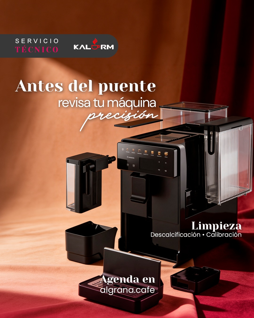 Antes del puente, revisa tu máquina. ☕⚙️
Limpieza · Descalcificación · Calibración
Agenda mantenimiento en algrana.cafe