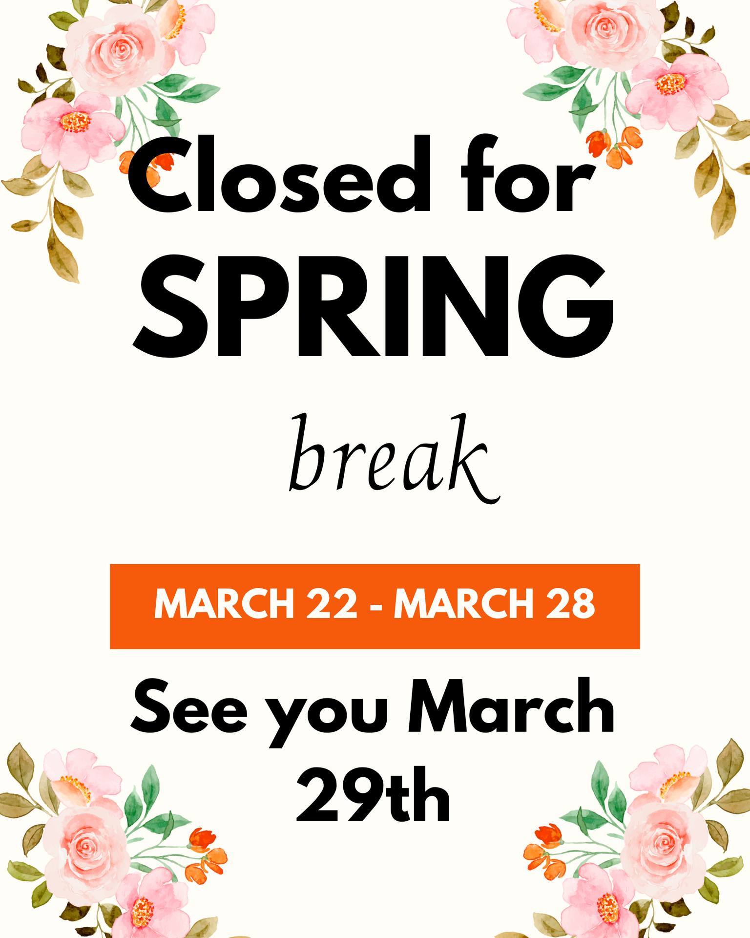 We at Musica Academy will be closed for spring break from Sunday, March 22, to Saturday, March 28! I hope your spring break will be wonderful, and we will see you on Sunday, March 29!