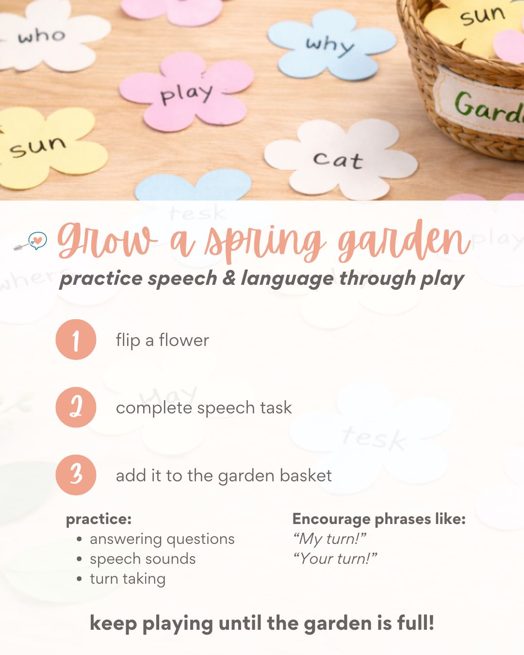 Can you believe that it's already spring?? I sure can't. This week will be starting spring activities for your kiddo.
Scatter paper flowers on the table and place a small bowl in the center to be your garden basket. Each flower can have a speech task such as answering a WH-question, repeating a target word, or practicing a speech sound.
Take turns flipping flowers and completing each task before adding it to the garden.
Along the way, encourage turn-taking language like:
• “My turn!”
• “Your turn!”
• “Can I go next?”
This simple activity can target articulation, language, and social communication while keeping learning playful.
🌼 Keep playing until your garden is full!
#SpeechTherapy #SpeechTherapyIdeas #SpringActivities #SpeechAndLanguage #TurnTaking #LanguageDevelopment #BeBraveSpeechTherapy #PlayBasedLearning #SLP
