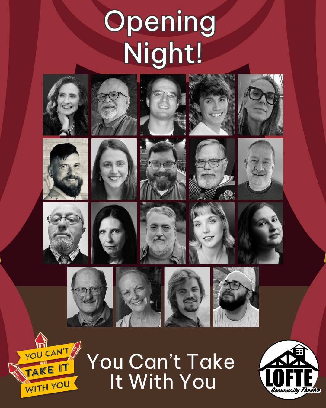 Tonight is the first performance of the first production of our 50th SEASON! Congratulations to the cast and crew of "You Can't Take It With You!" We hope you'll join us for this whimsical trip back in time to a family that is all about love, encouragement, support, and living life to the fullest. Get your tickets now, you won't want to miss this one!
Performances are March 20, 21, 22, 26, 27, 28, & 29. Tickets are available at lofte.org/tickets or by calling the box office at 402-234-2553. Shows start at 7:00 on Thursdays, Fridays, and Saturdays, and 2:00 on Sundays. The concession stand will open 1 hour before the show starts, and the house will be open for seating at this time as well.
More about You Can’t Take It With You: The family of Martin Vanderhof lives just around the corner from Columbia University. Grandpa, as Martin is more commonly known, is the head of a large and extended family of charming eccentrics. When his granddaughter Alice falls for her boss, Tony, a handsome scion of Wall Street, she fears that their two families – so unlike in manner, politics, and finances – will never come together. But why be obsessed with money? After all, you can’t take it with you!
This show was one of the most popular plays of its time, winning the 1937 Pulitzer Prize for Drama and an Academy Award for its 1939 film adaptation.
.
.
.
.
.
#Lofte #TheLofte #BornInABarn #LofteTheater #CommunityTheater #CommunityTheatre #Volunteer #Nebraska #CassCounty #Lincoln #Omaha #WeepingWater #Manley #theatre #theater #live #livetheater #livetheatre #youcanttakeitwithyou #classiccomedy #comedy #lovedream #KaufmanAndHart