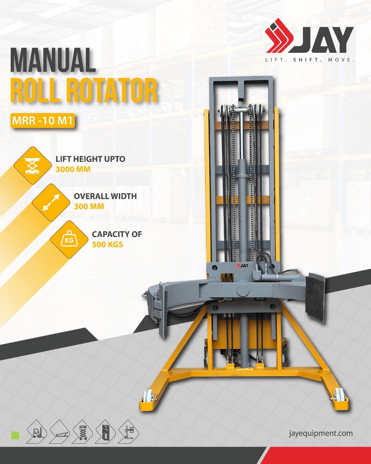 Powerful performance. Smooth handling. Maximum control. ⚙️
.
The Jay Equipment & System Private Limited Manual Roll Rotator (MRR-10 M1) is designed to make drum and roll handling safer and more efficient in warehouses and industrial environments.
.
✔ Lift Height up to 3000 mm
✔ 500 kg Load Capacity
✔ Compact 300 mm Overall Width
.
Engineered for reliability and precision, this solution helps streamline your material handling operations while reducing manual effort.
.
📩 Contact us to know more.
📞 Call: +91 95452 34222
📩 Email: sales@jayequipment.com
🌐 Explore: jayequipment.com | shop.jayequipment.com
.
#MaterialHandling #IndustrialEquipment #DrumHandling #RollRotator #IndustrialAutomation